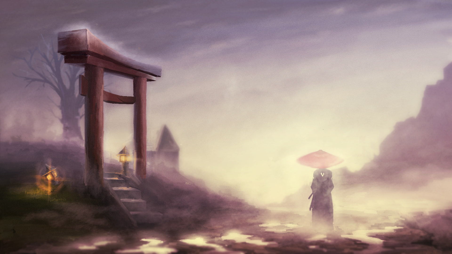champloo, fog, gates, jin, landscape, samurai