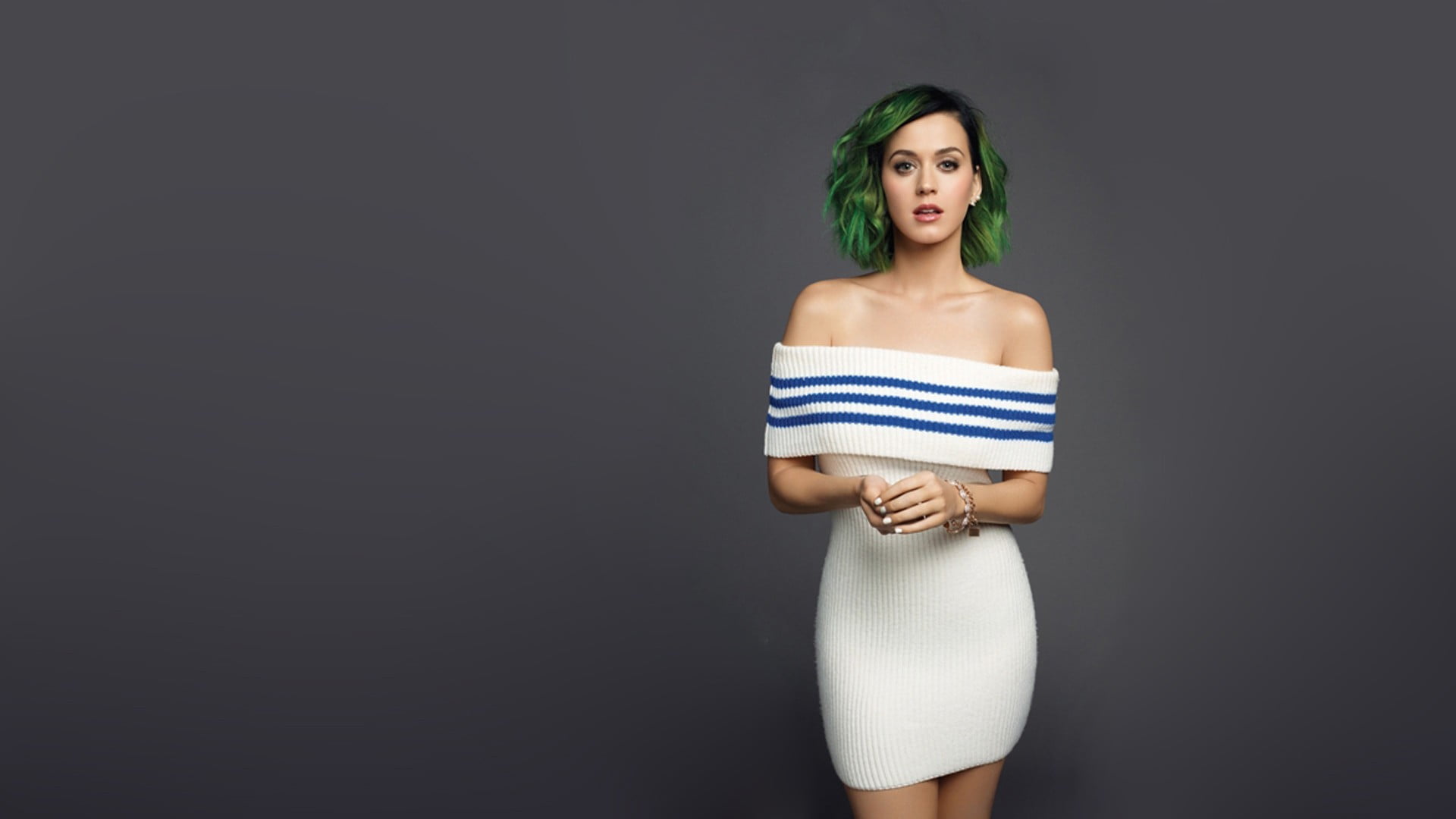 women's white and blue dress, Katy Perry, brunette, strapless dress