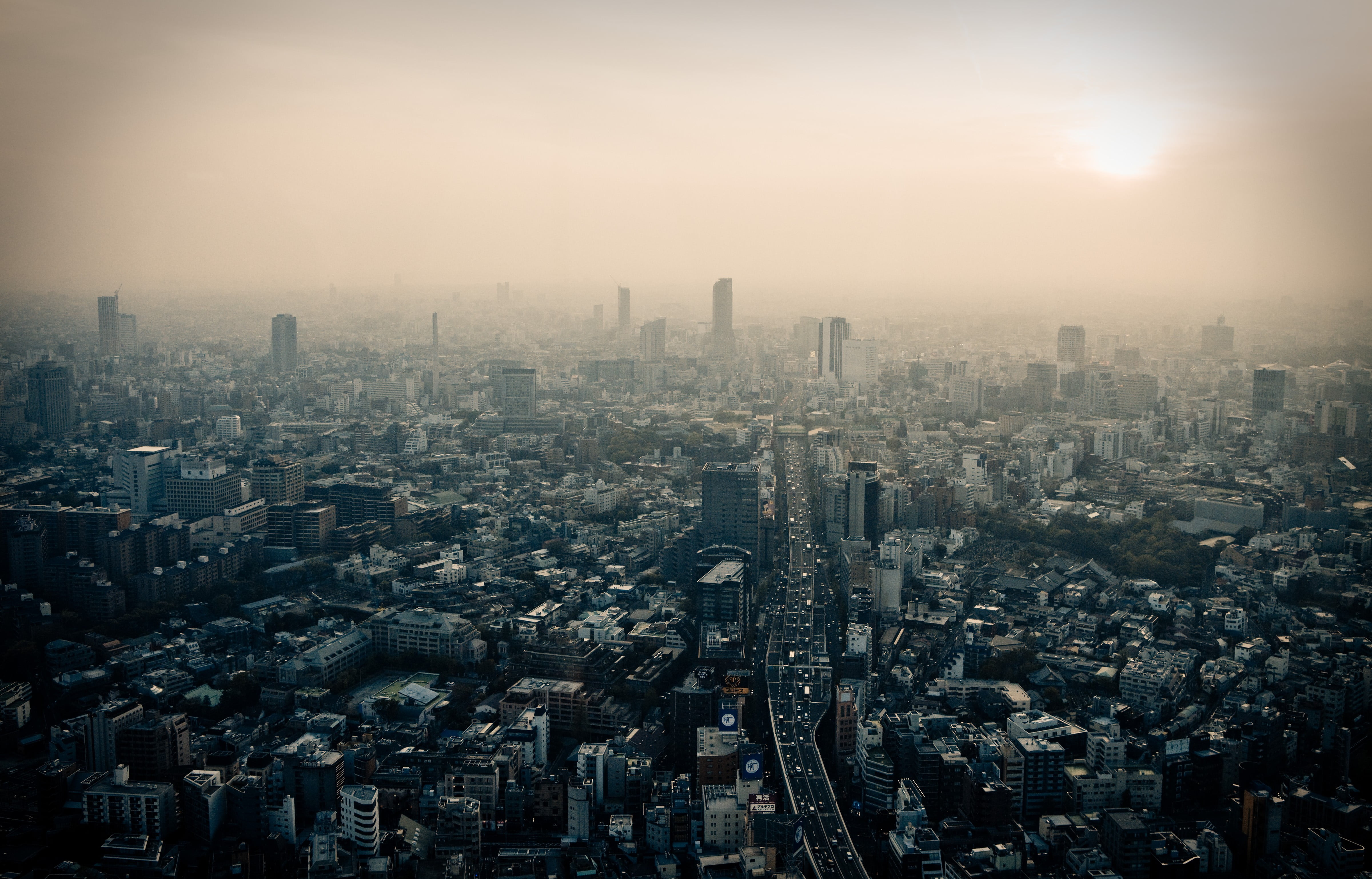 high-rise buildings, Tokyo, Japan, city, dusk, smog, cityscape
