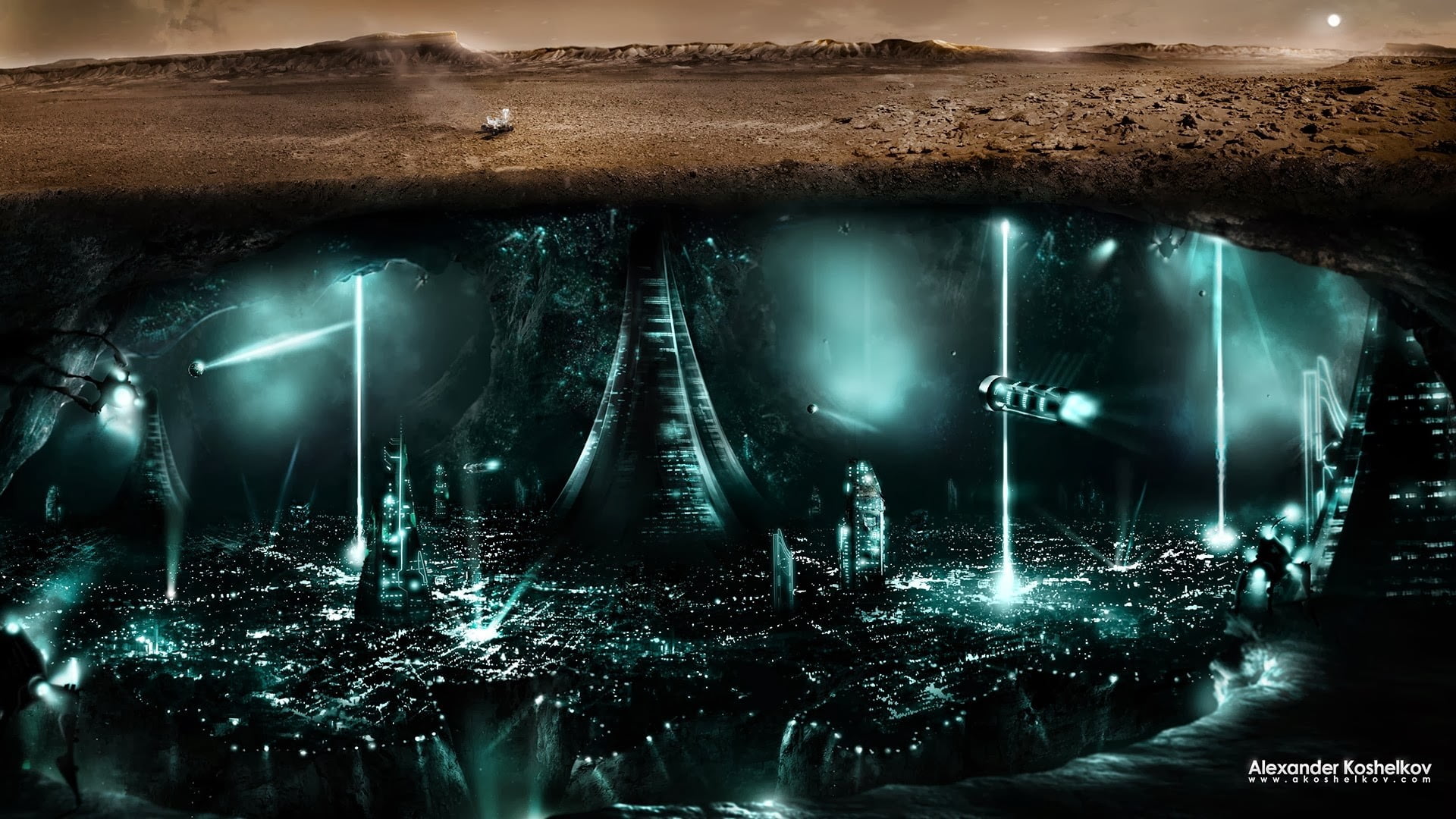 science fiction, planet, futuristic city, digital art, Alexander Koshelkov