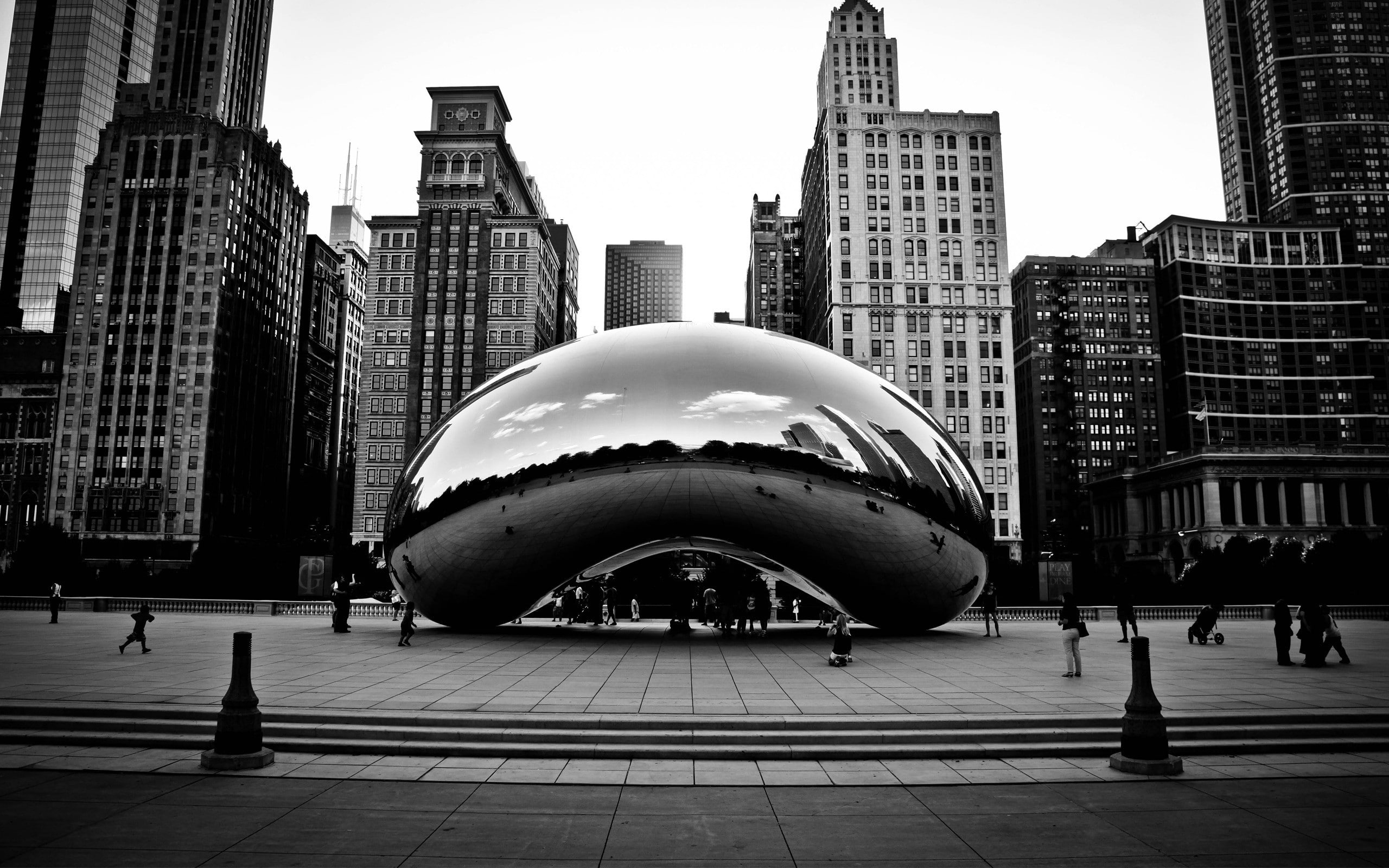 cityscape, Chicago, monochrome, reflection, sculpture, Cloud Gate