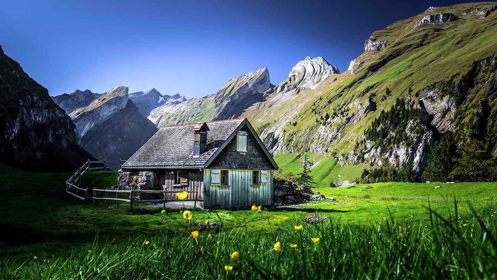 gray wooden house, nature, landscape, cabin, mountains, grass