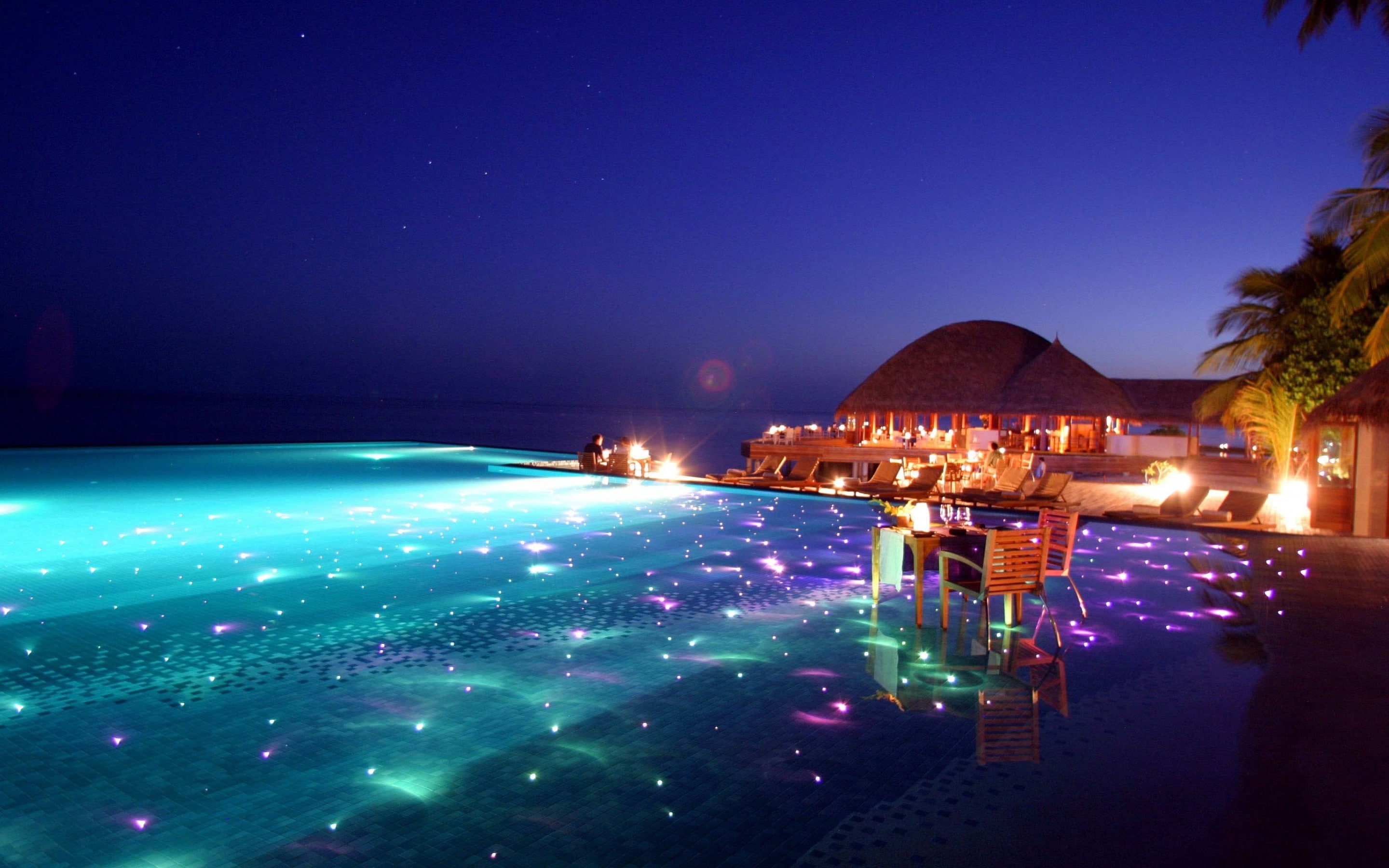 hotel, swimming pool, beach, water, glowing, sky, Maldives