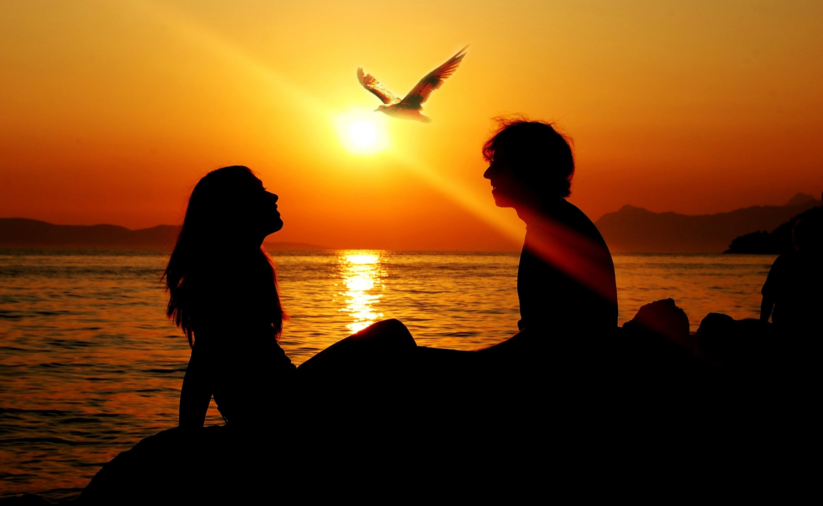 Romantic Couple Sunset, silhouette of man and woman, Holidays