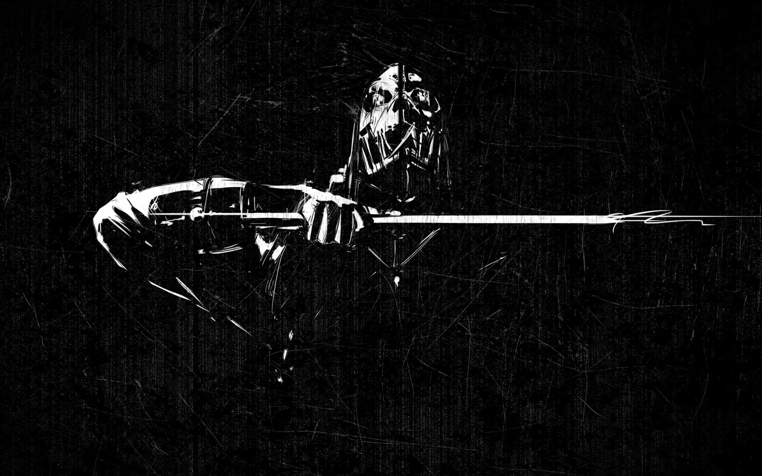 skull wallpaper, Dishonored, black, white, Corvo, monochrome