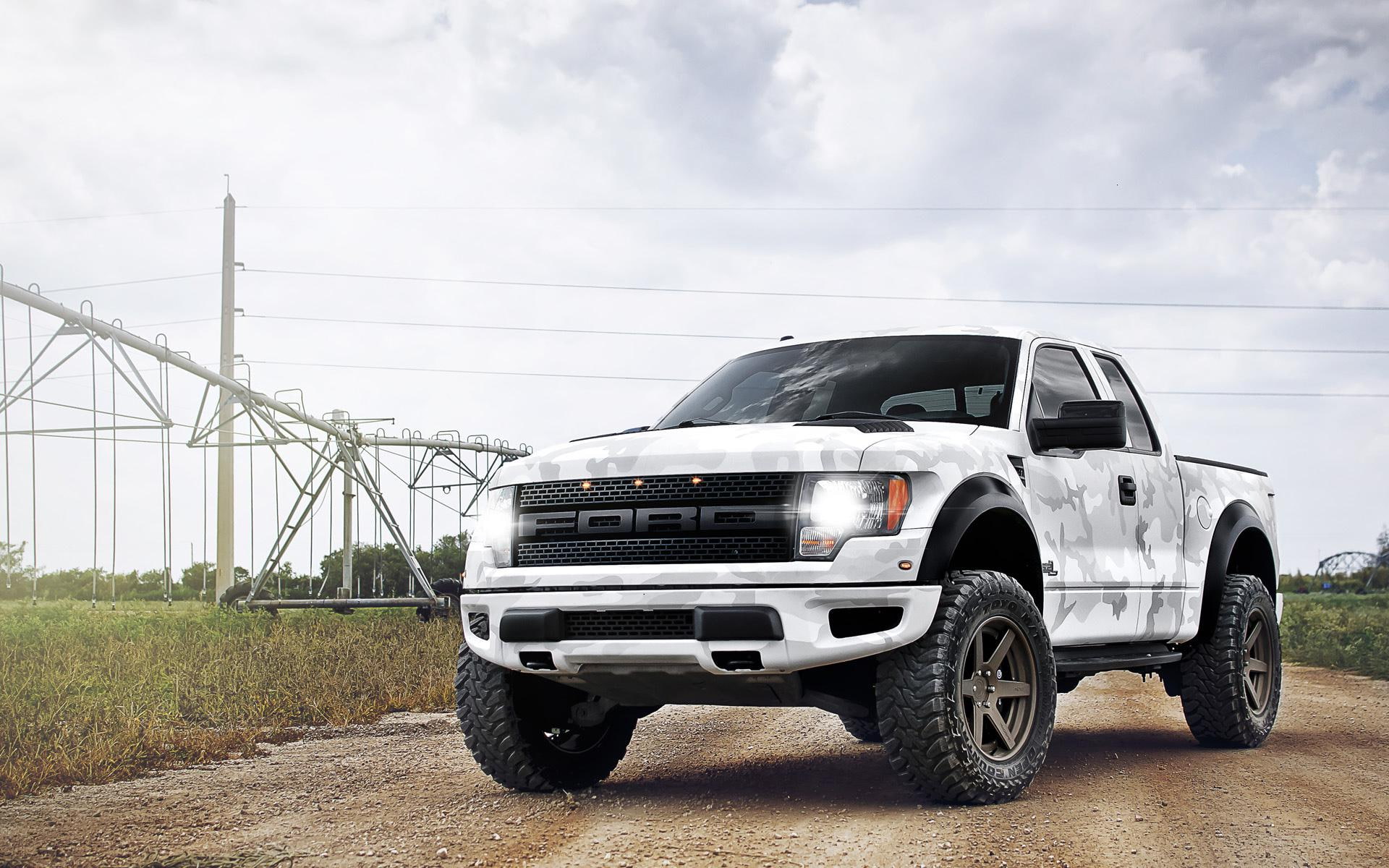 Arctic Camo Ford Raptor, white ford extended cab pickup truck