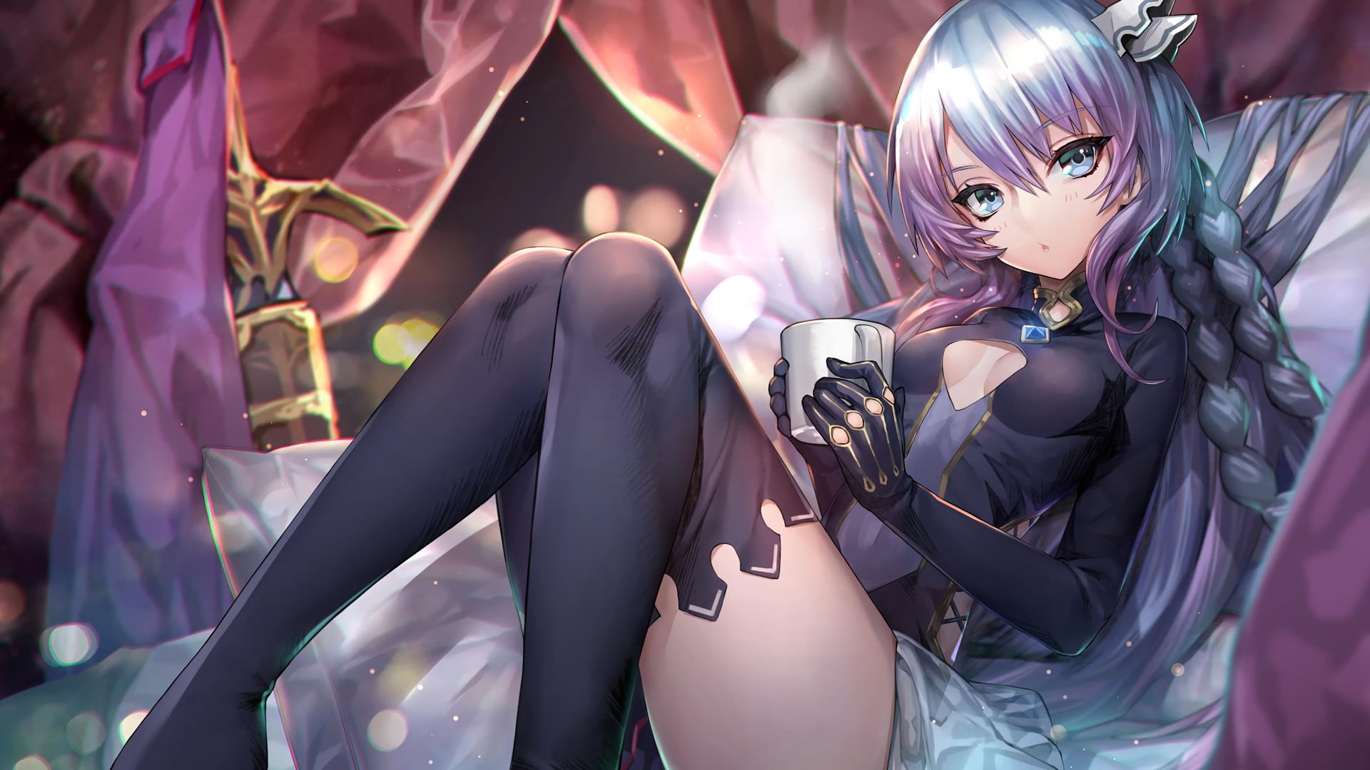 Braids, Chain Chronicle, drink, Elbow Gloves, Gray Eyes, Gray Hair