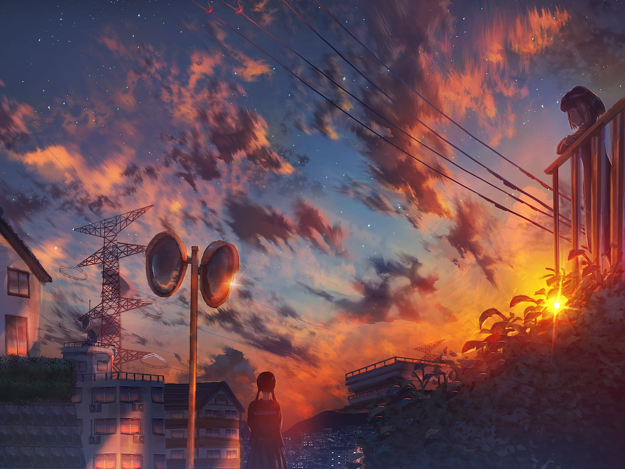 anime girls, sunset glow, power lines, utility pole, clouds