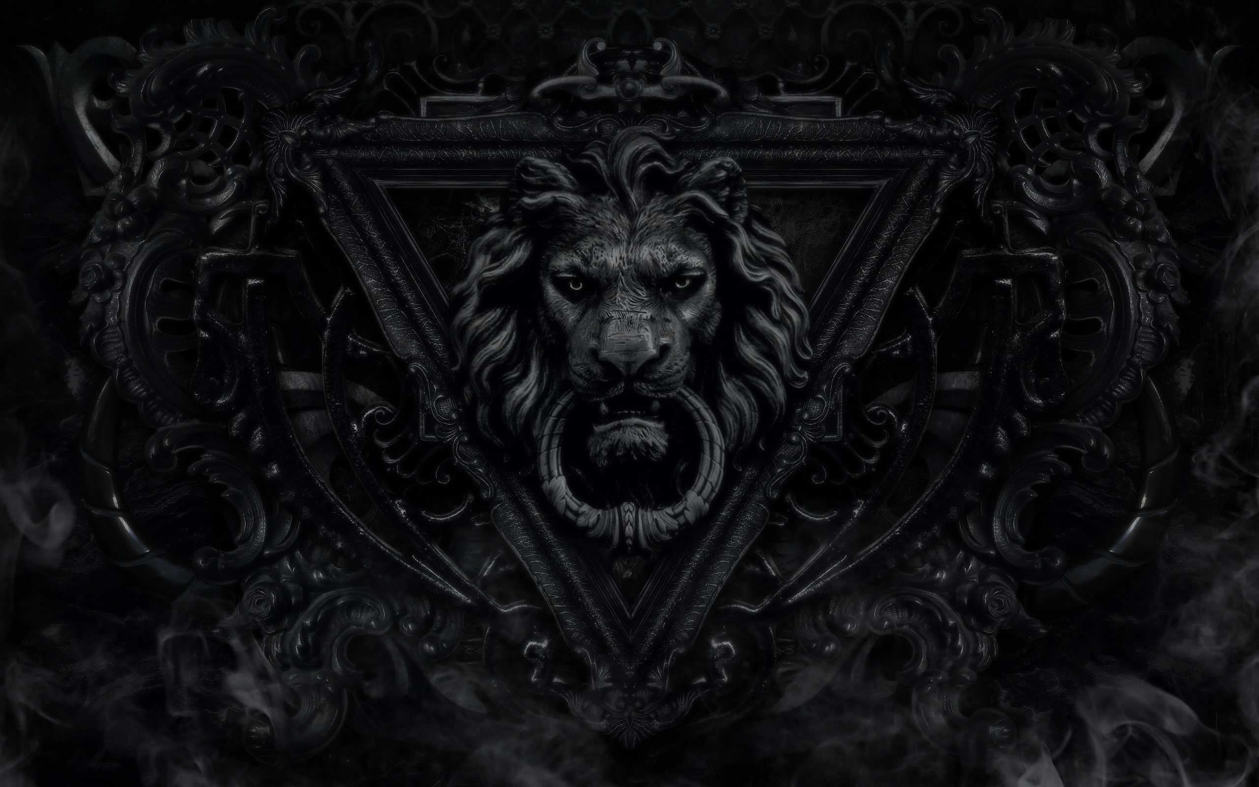 black, lion, monochrome, fantasy art, dark