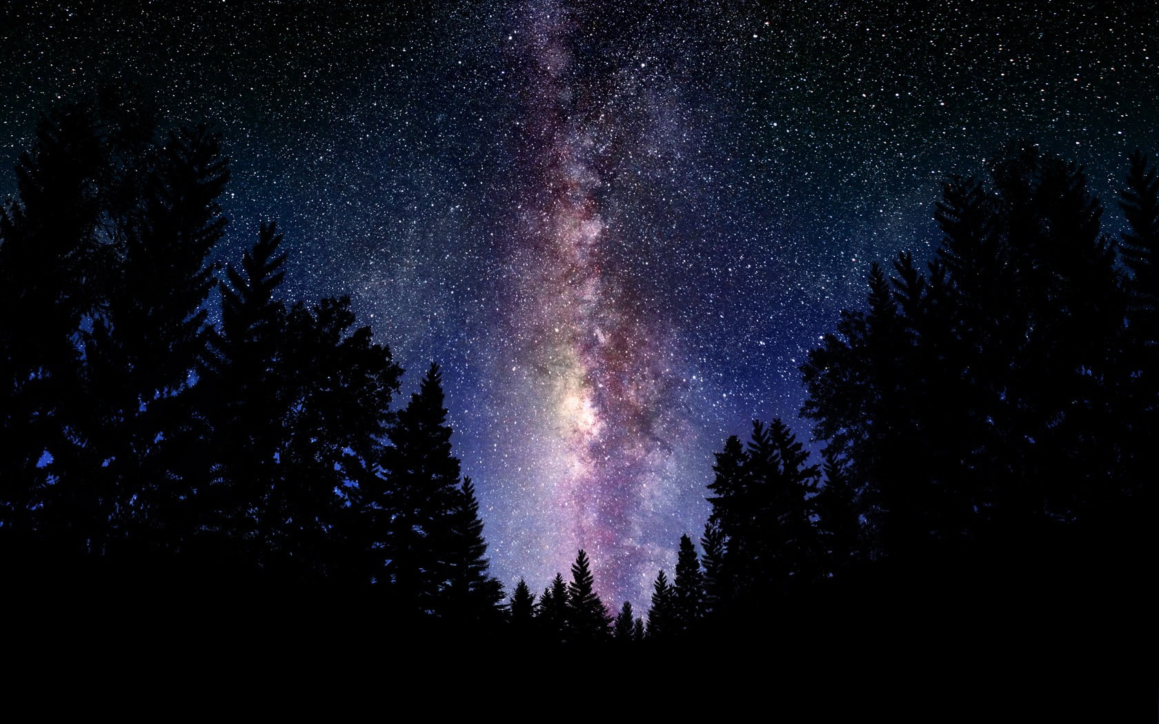 silhouette of trees at night, stars, Milky Way, space art, nature