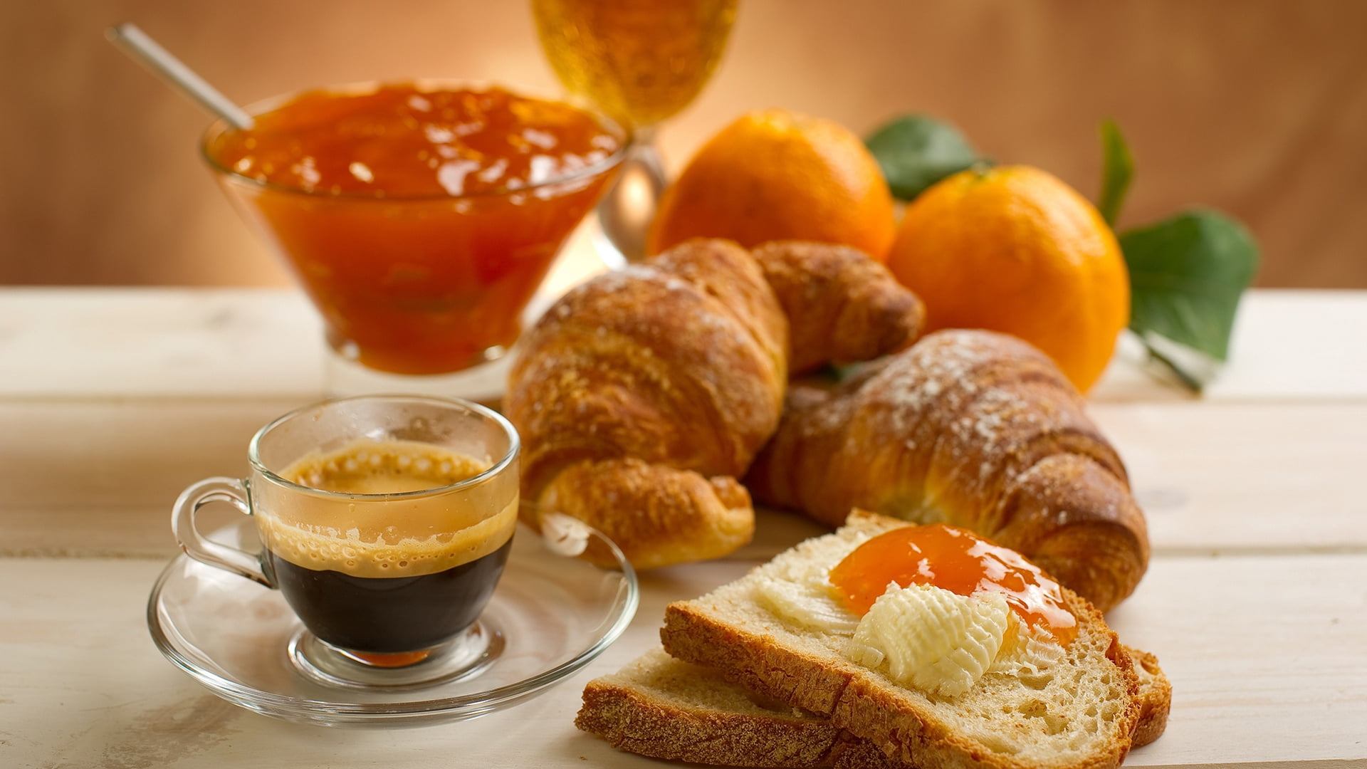 croissant bread, toasts, coffee, jam, orange, food, breakfast