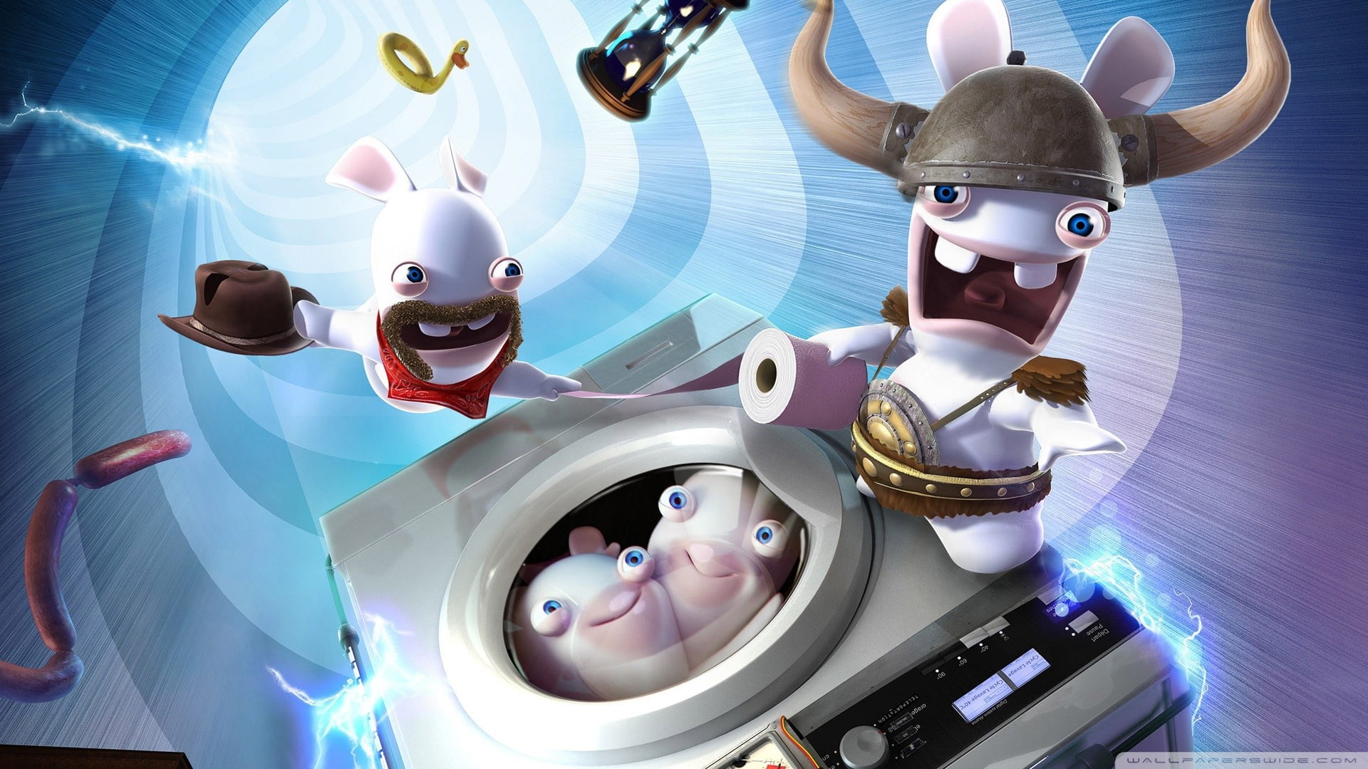 four white cartoon characters 3D wallpaper, Rabbids, video games