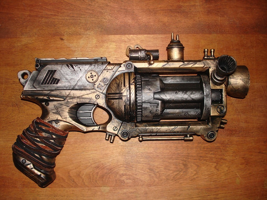 gray and brass revolver toy, gun, material style, artwork, orange