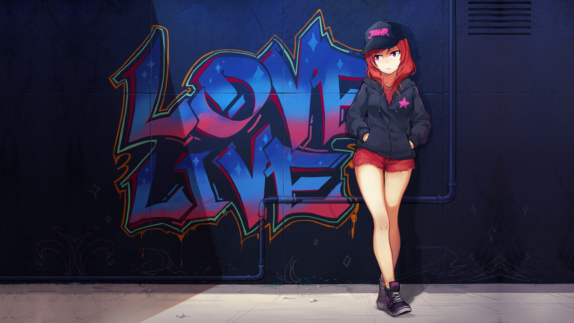 woman wearing hoodie leaning on love live graffiti wallpaper