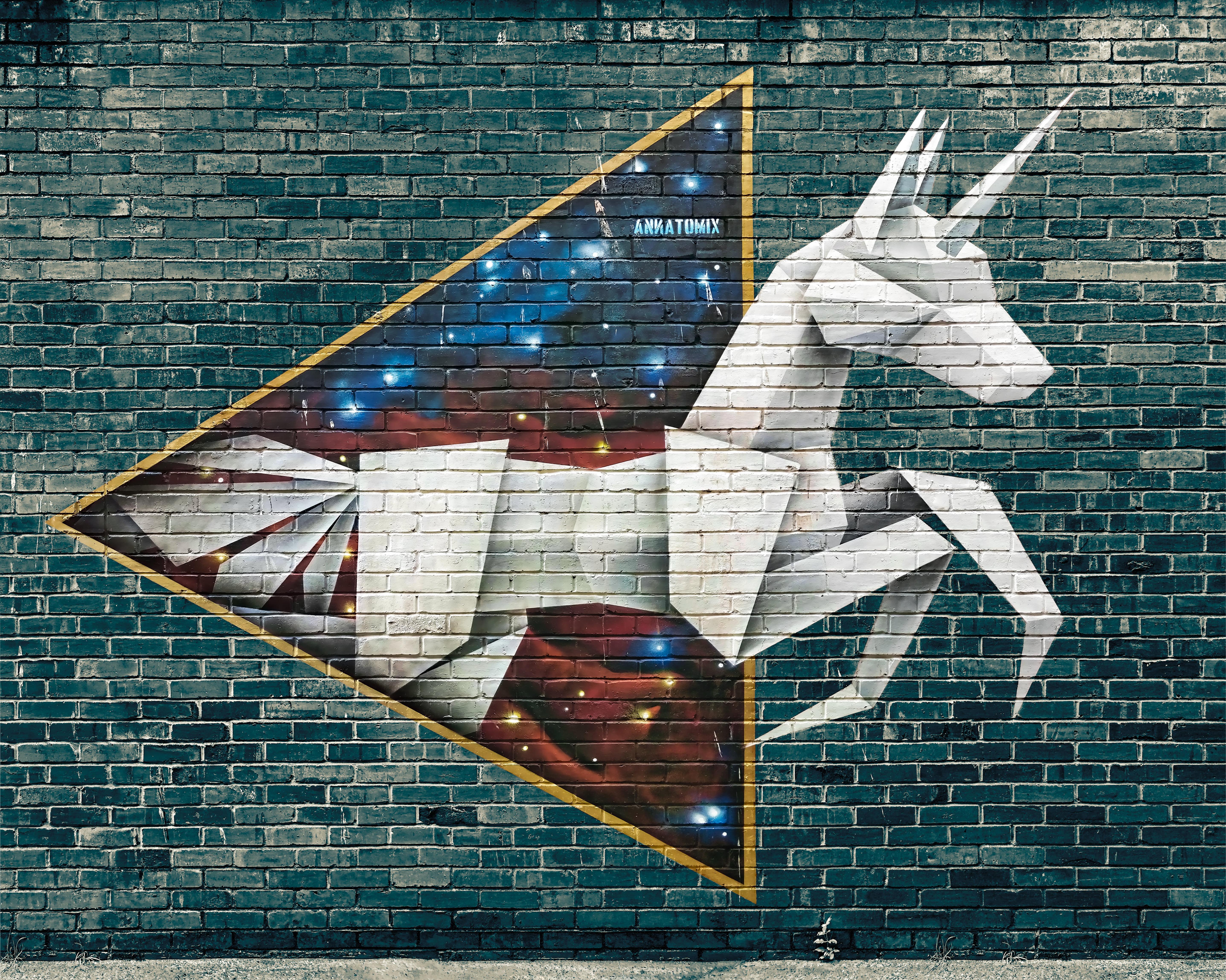white unicorn graffiti, origami, street art, brick wall, backgrounds
