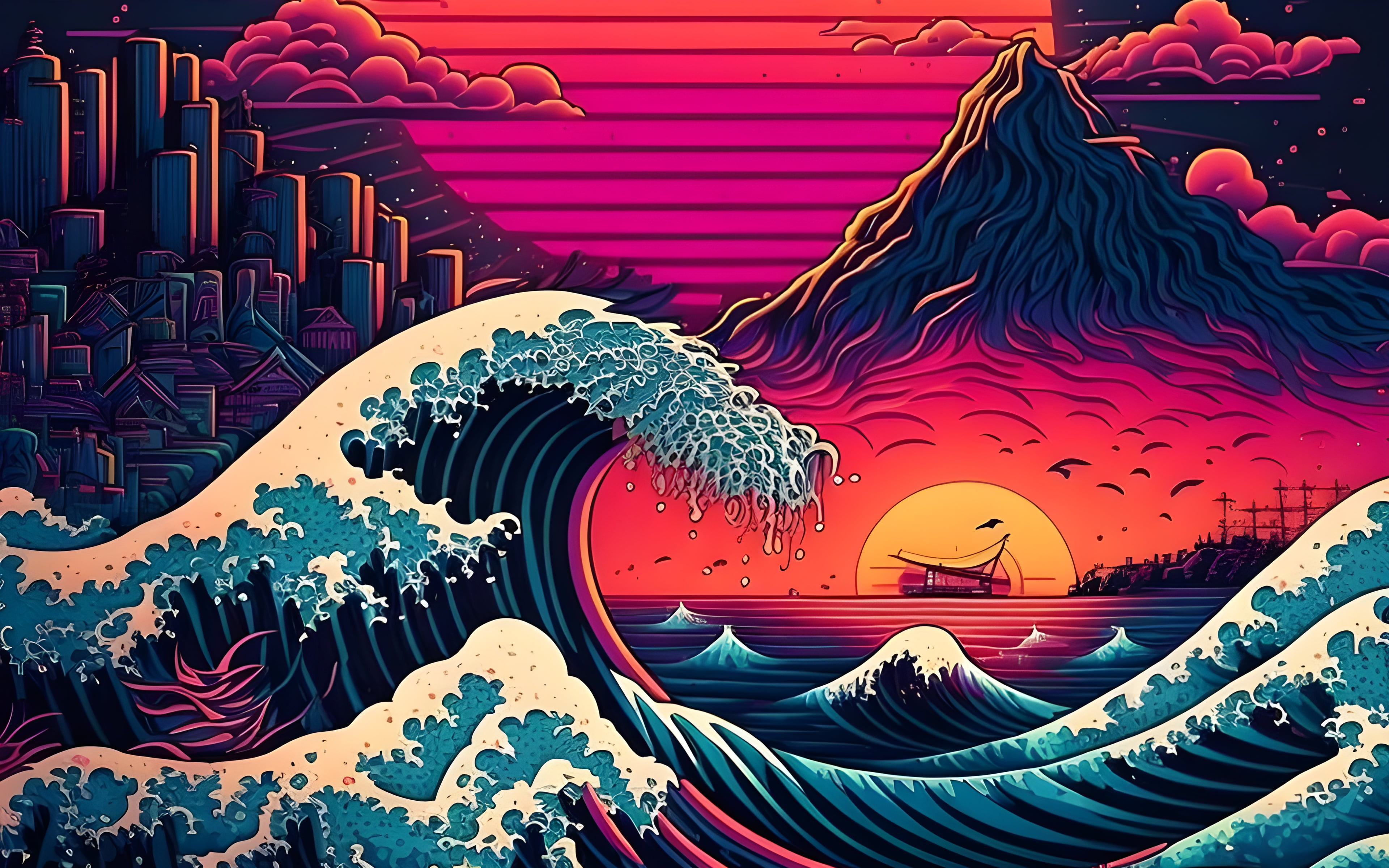 The Great Wave off Kanagawa, artificial intelligence, 4K, waves