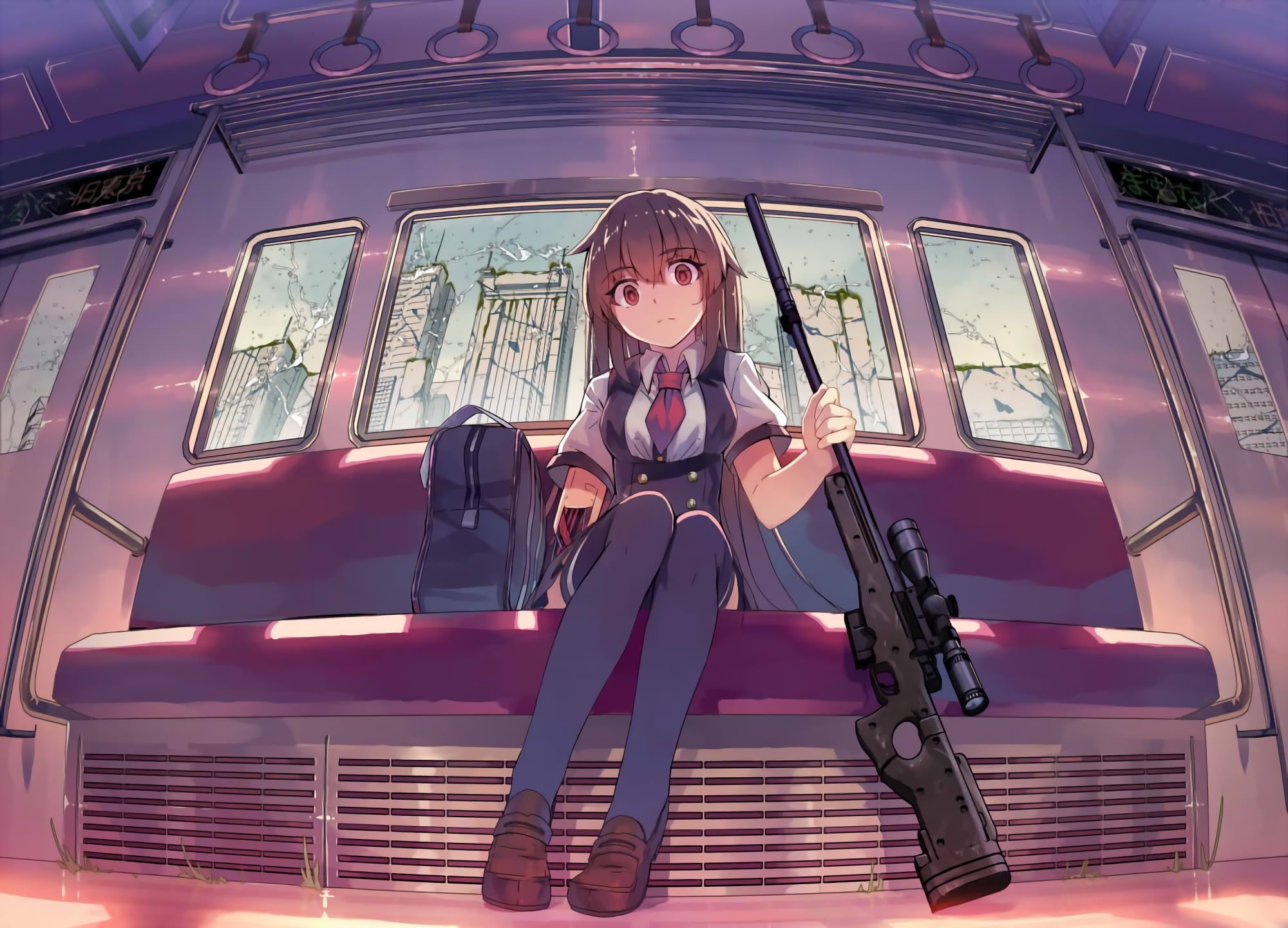 anime, anime girls, stockings, train, sniper rifle, gun, weapon