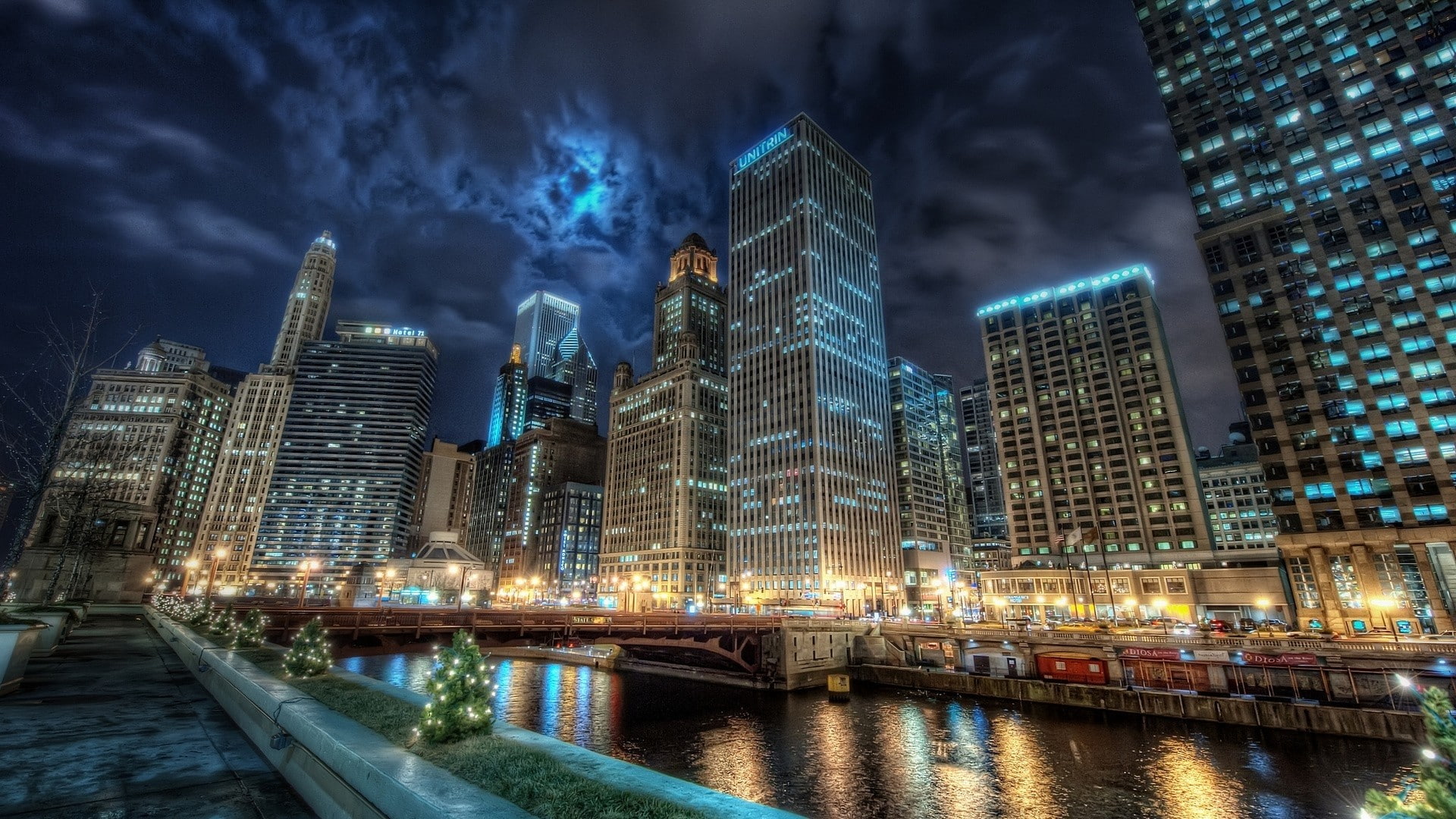 city, cityscape, building, skyscraper, Chicago, night, HDR