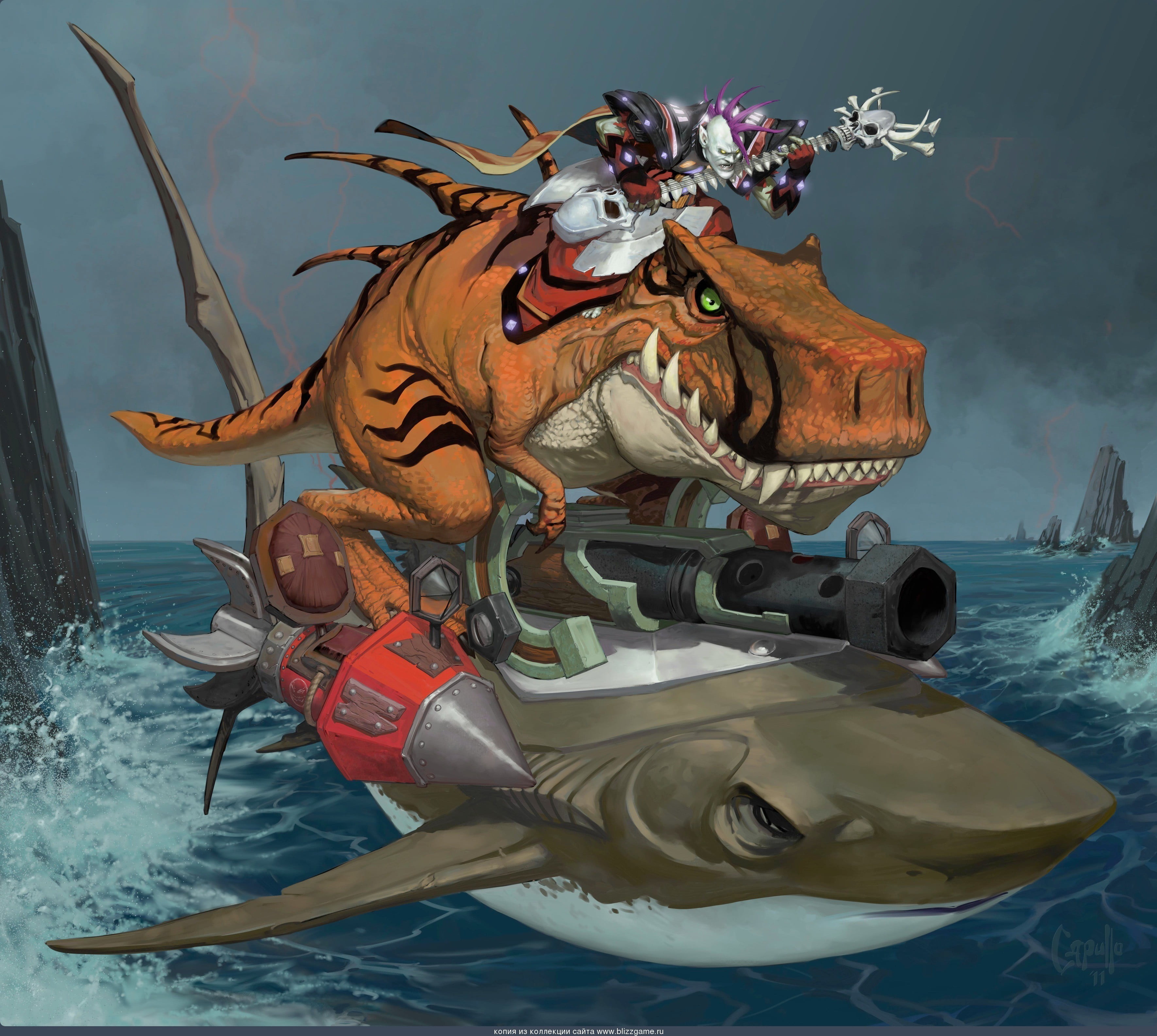 man rides on dinosaur wallpaper, World of Warcraft, fan art, shark
