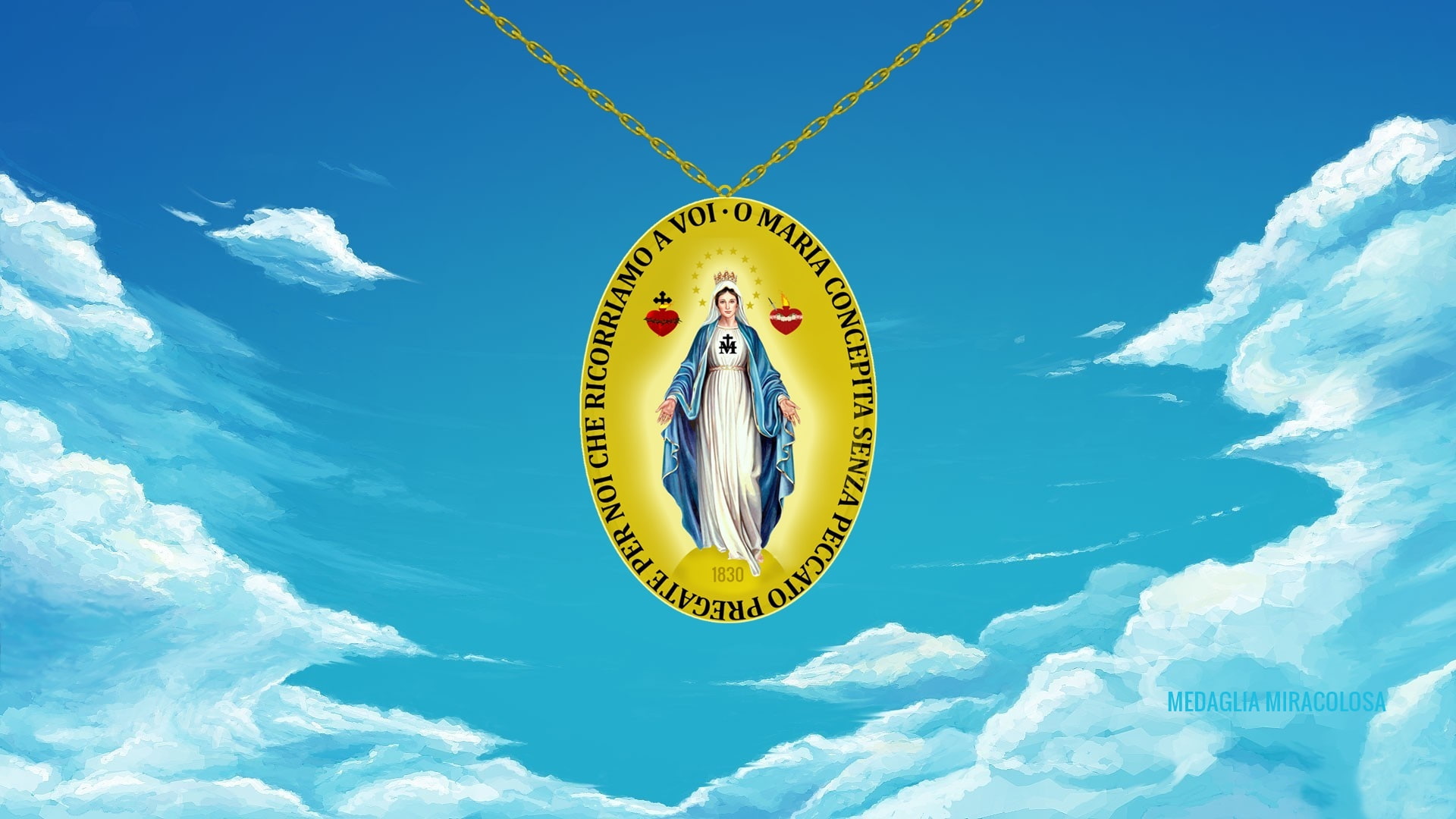 clouds, gold, Medals, sky, Virgin Mary