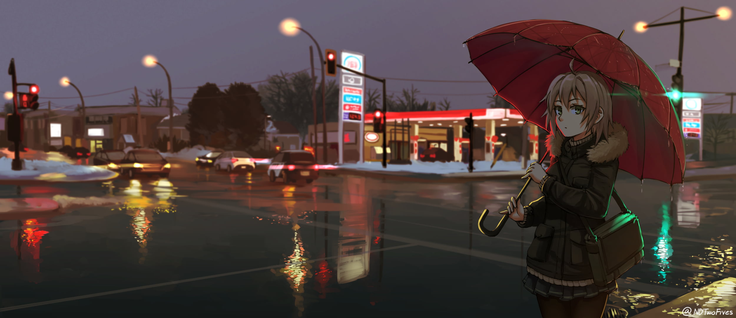 black and red patio umbrella, short hair, sky, car, rain, city