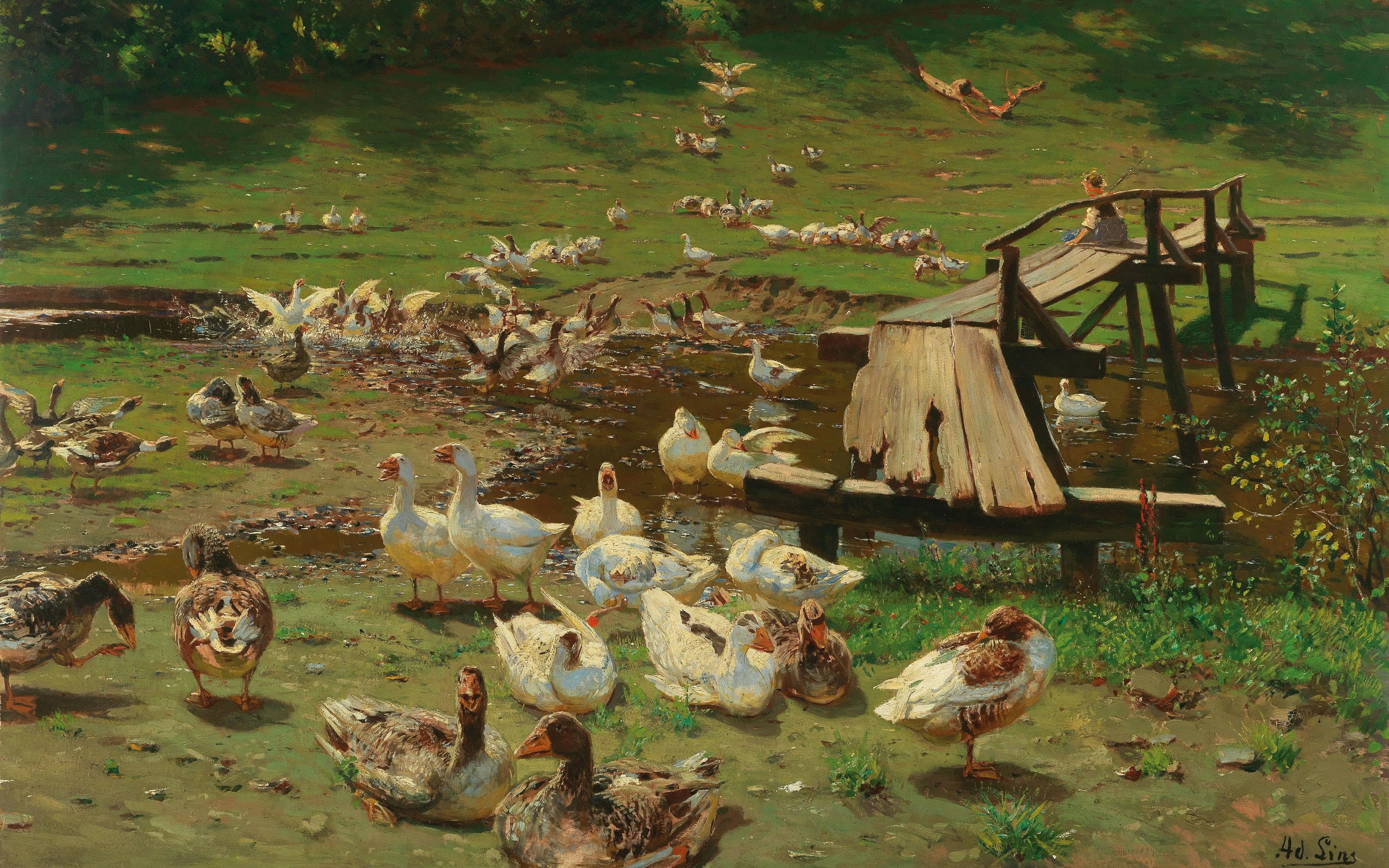 1905, German painter, The Dusseldorf school of art, Summer day Geese at the pond