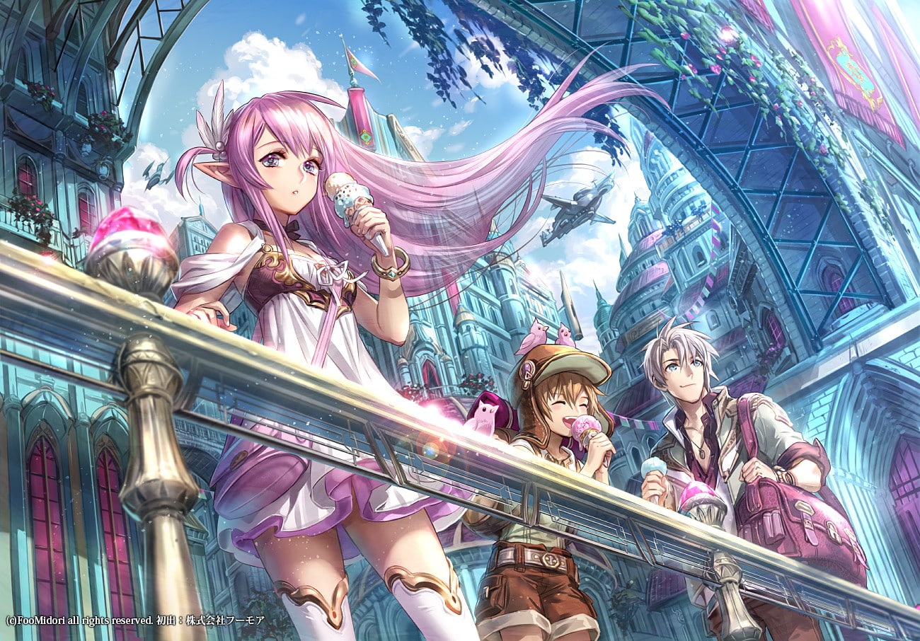 anime, sky, original characters, city, ice cream, pink hair