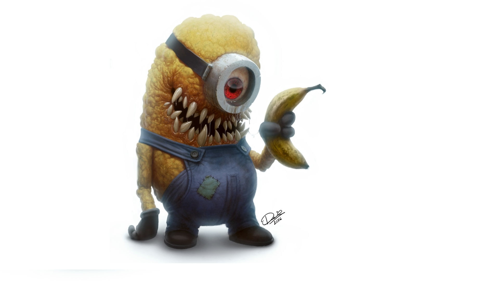 Minions holding banana, look, cartoon, monster, teeth, zombies