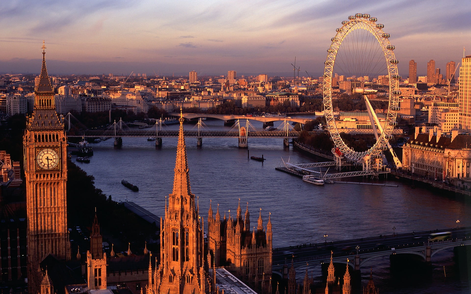 London skyline, city, London Eye, Big Ben, River Thames, ferris wheel