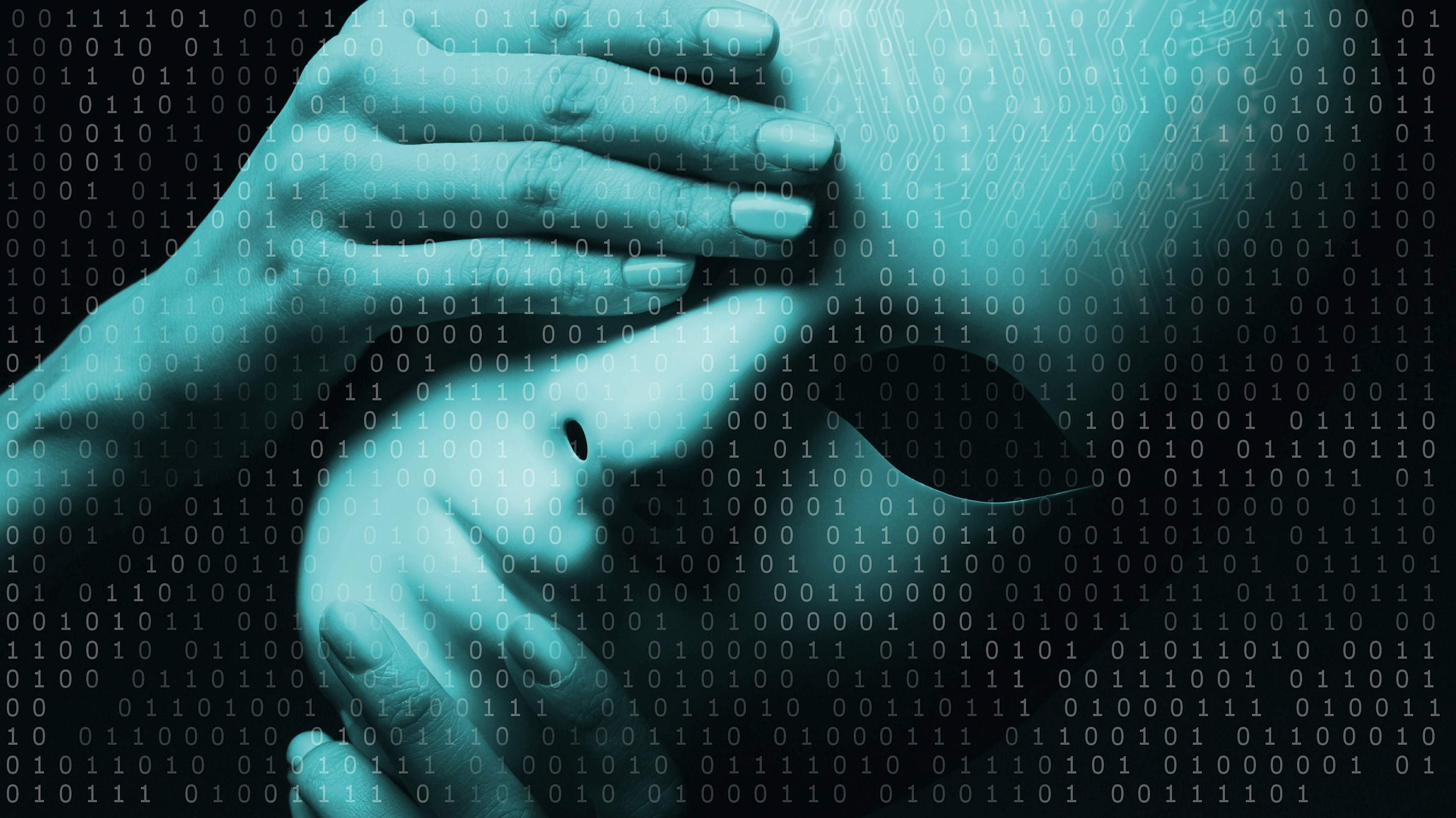 mask, hands, binary code