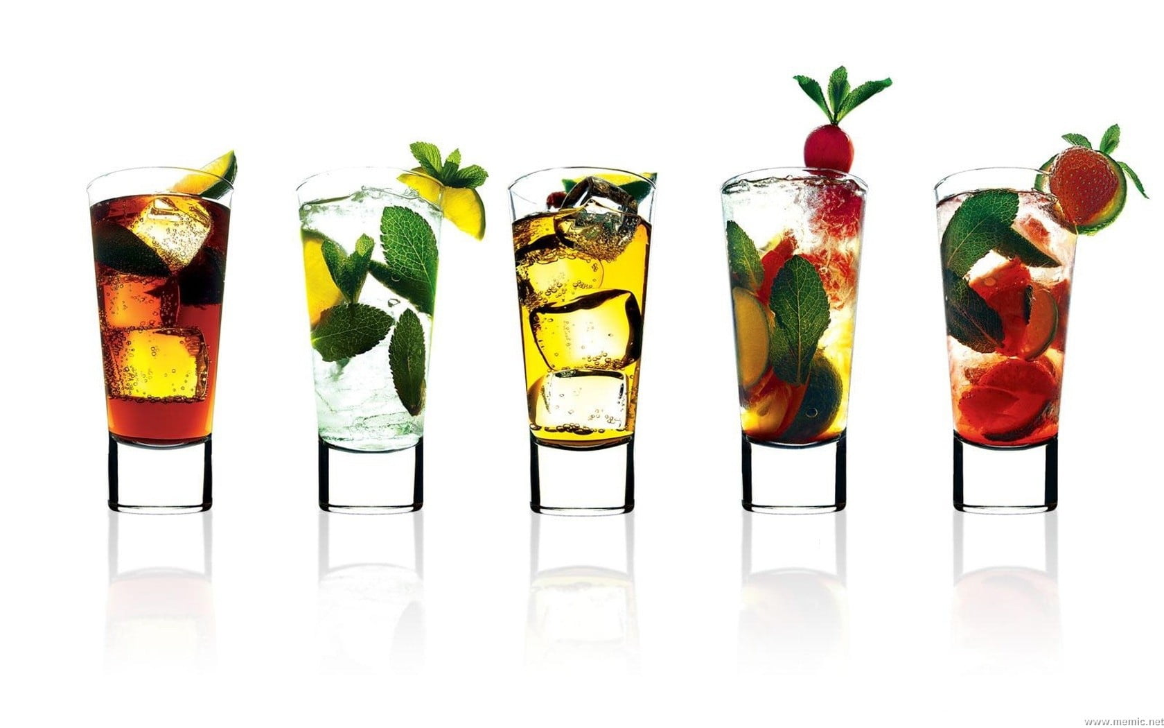 five clear drinking glasses, cocktails, fruit, food and drink