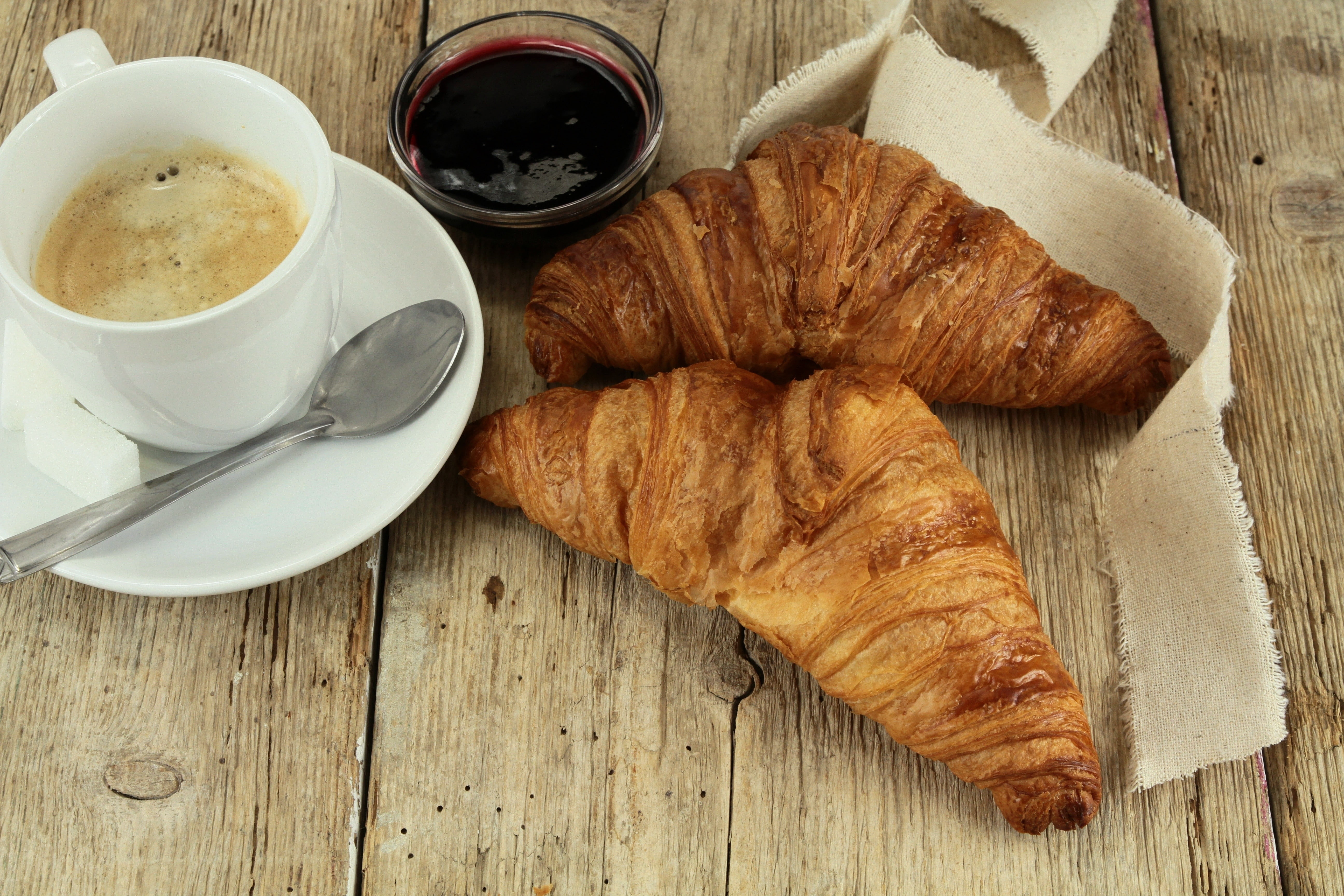 food, croissants, coffee, wooden surface