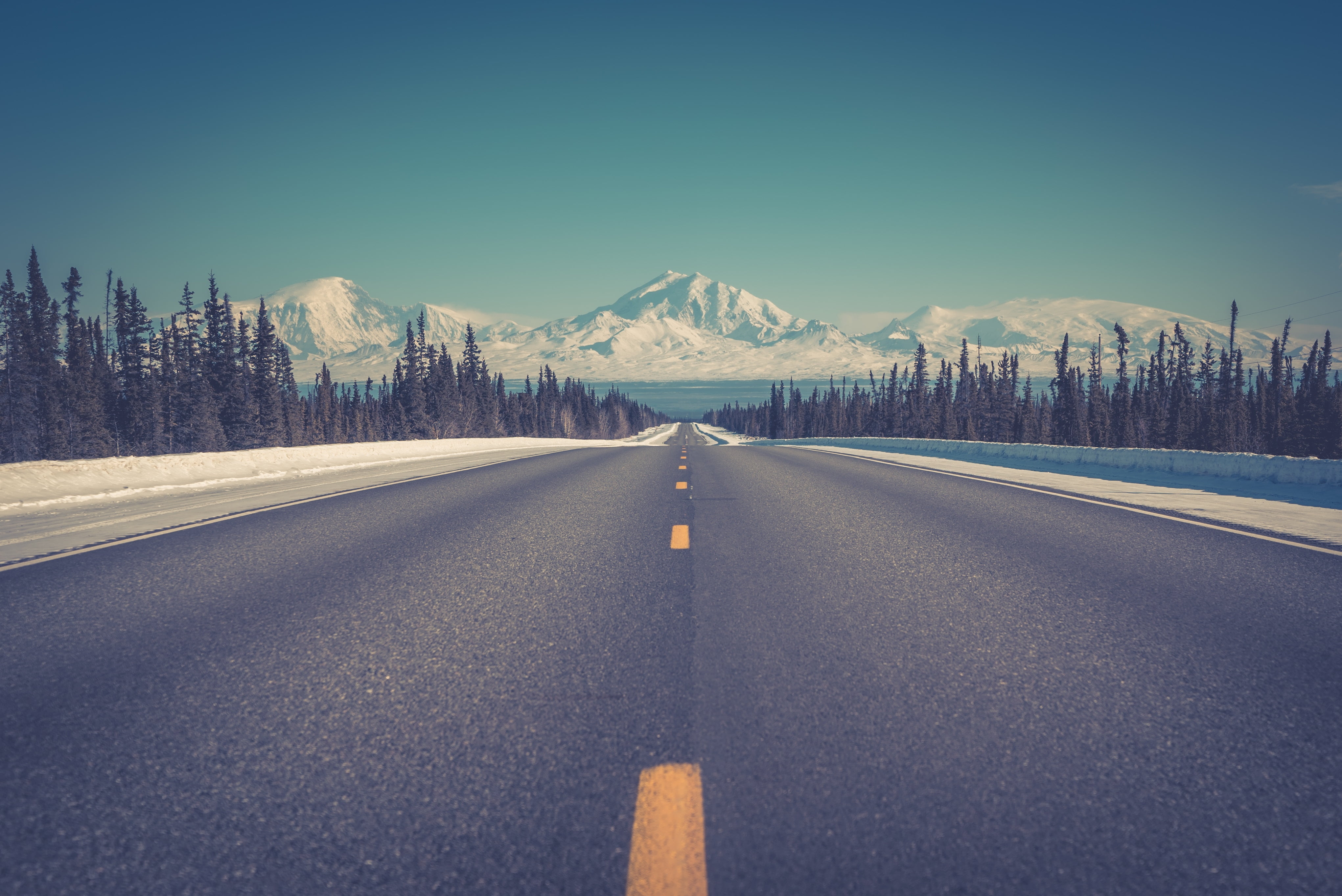 asphalt road, mountains, marking, nature, landscape, snow, highway