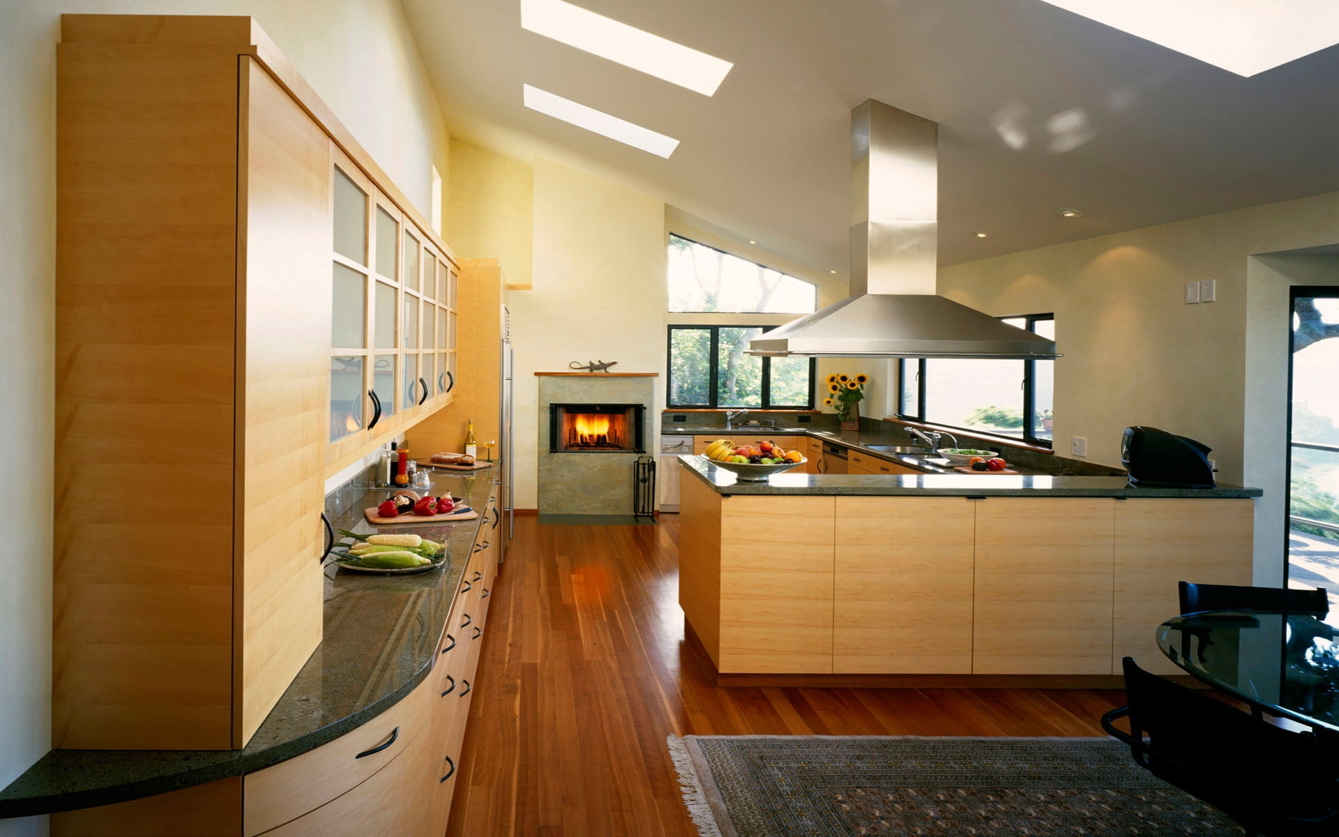 brown wooden kitchen, design, food, interior, fireplace, flat