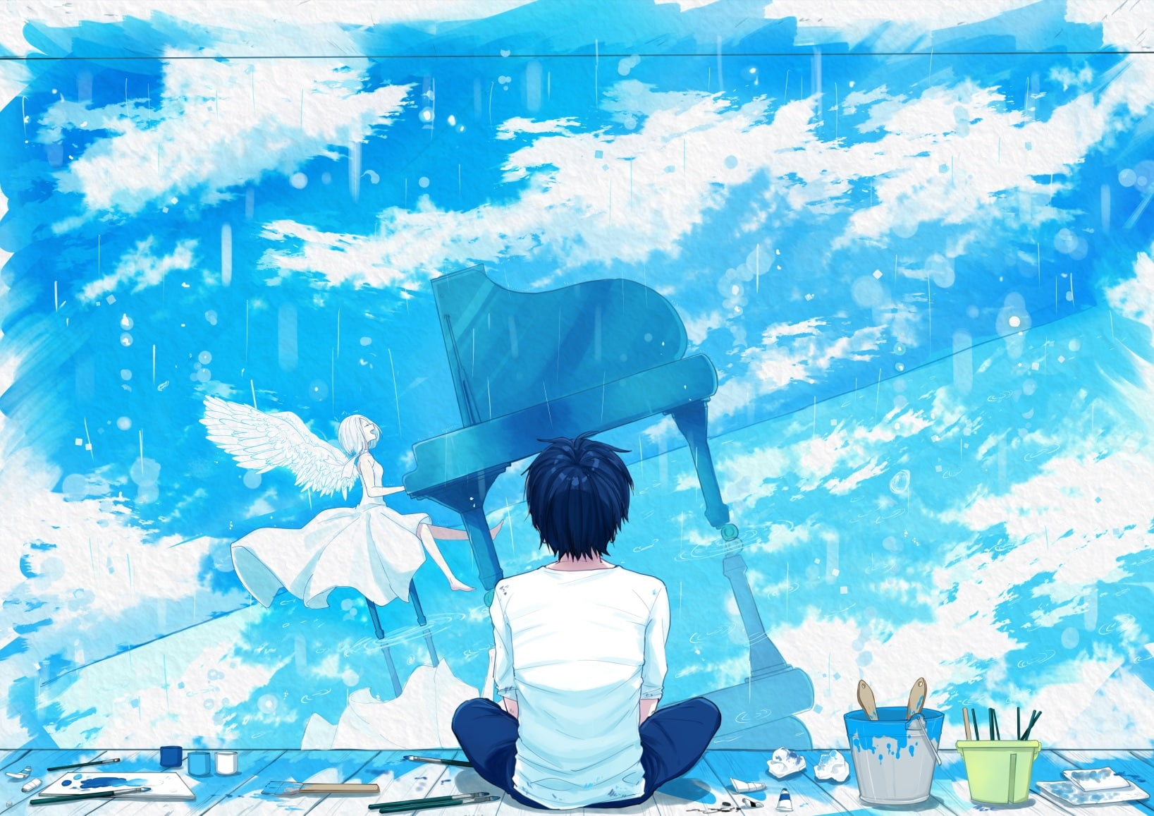 anime boy, girl, angel, piano, instrument, scenic, clouds, back view