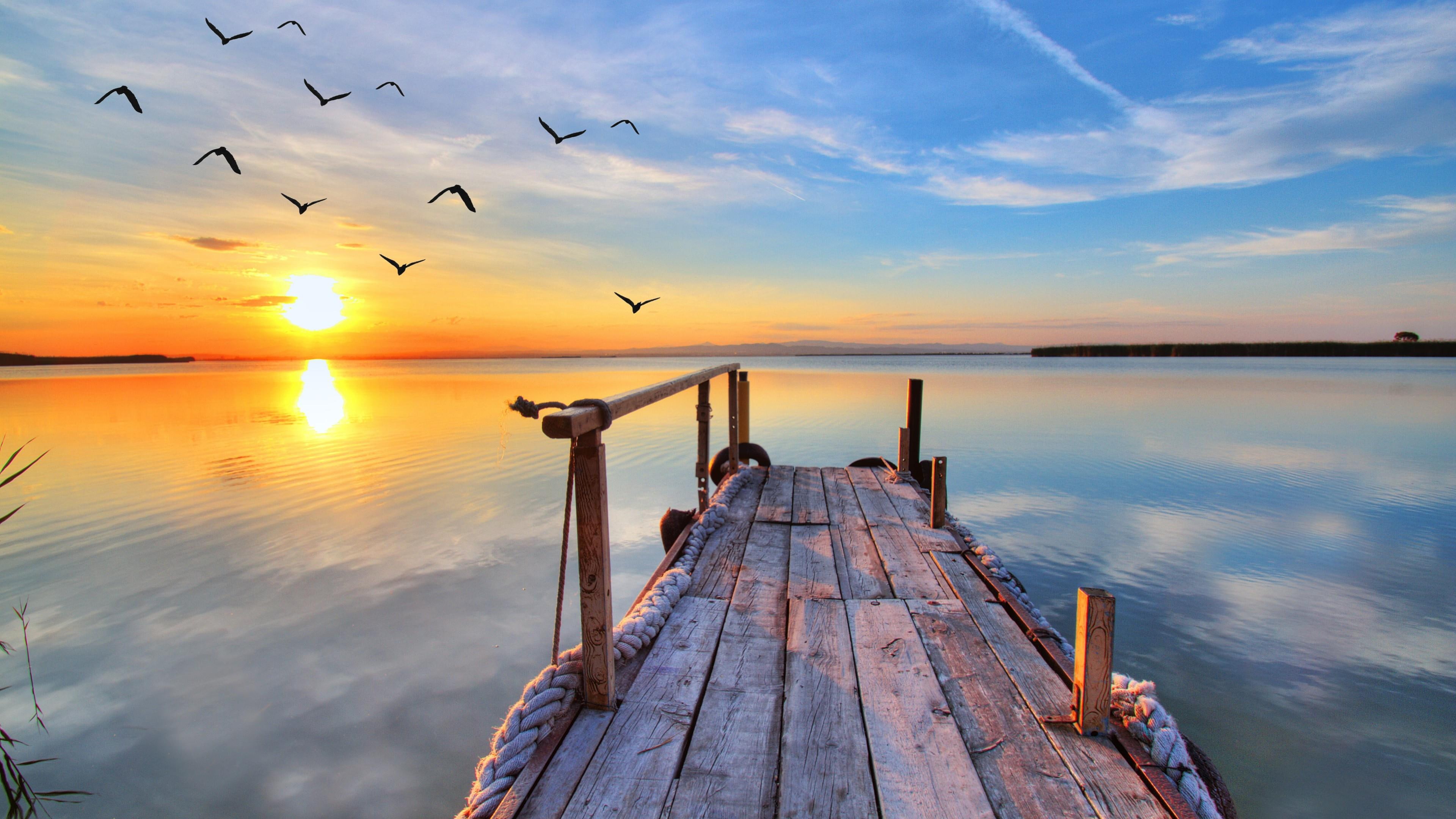 water, sky, horizon, sunrise, pier, calm, lake, birds, morning