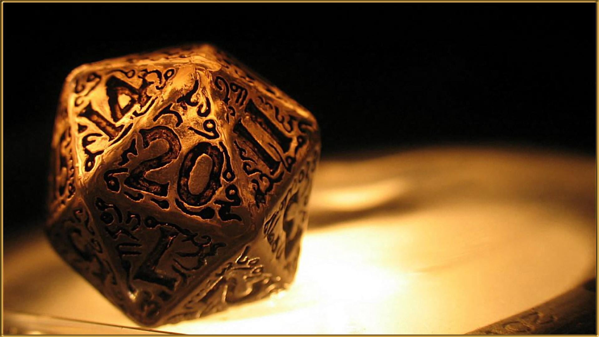 gray dice, closeup, d20, gold, Dungeons and Dragons, numbers