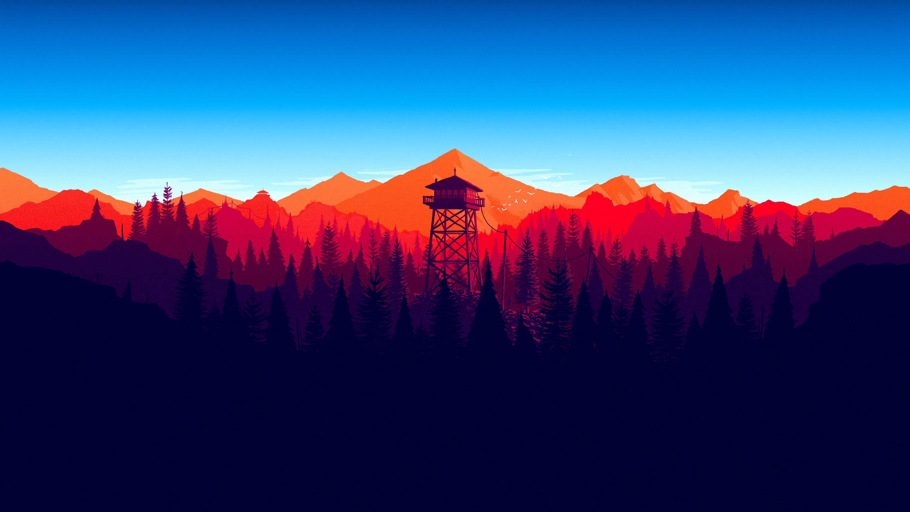 pine trees field, Firewatch game wallpaper, mountains, minimalism