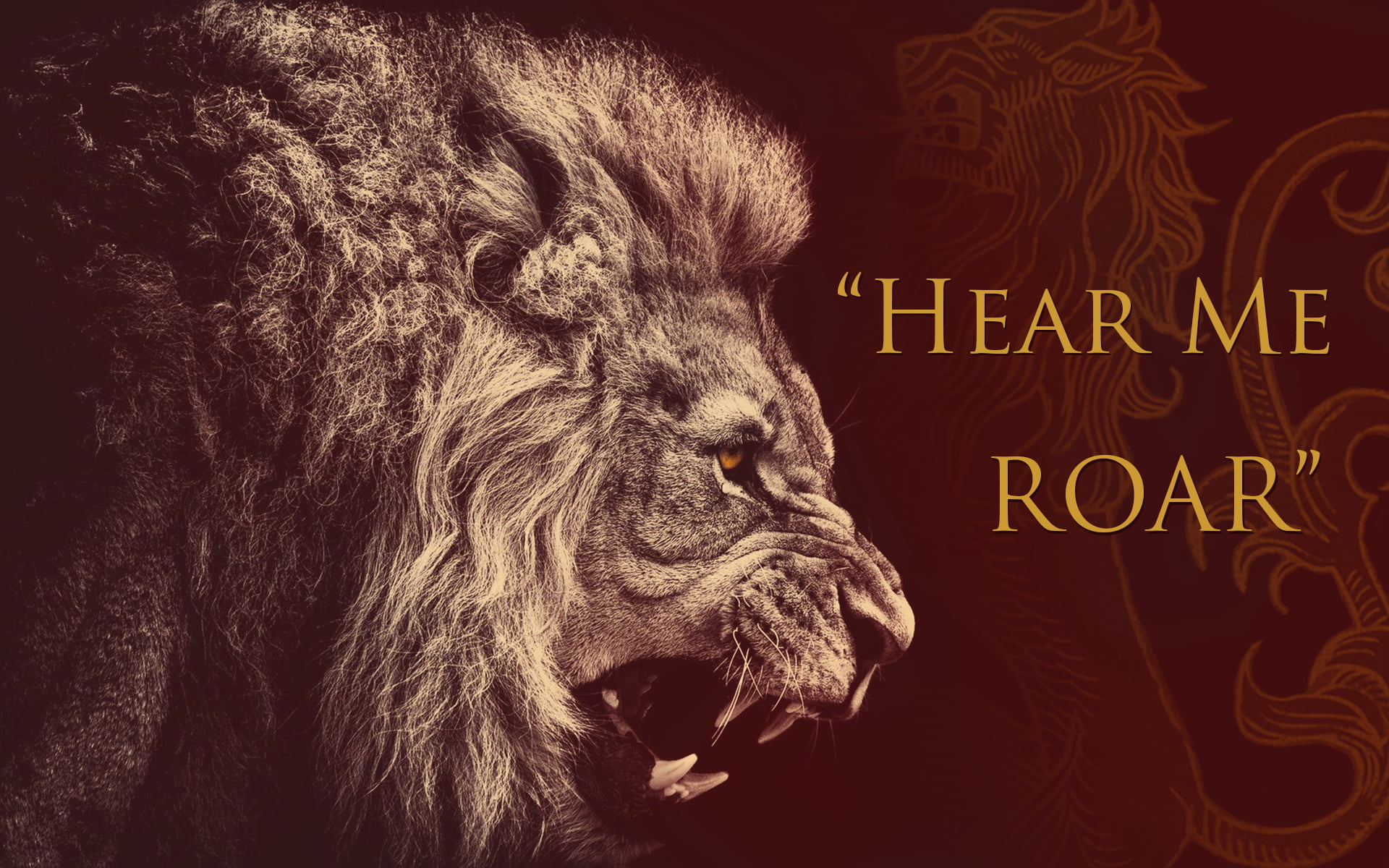 lion graphic art with hear me roar text overlay, House Lannister