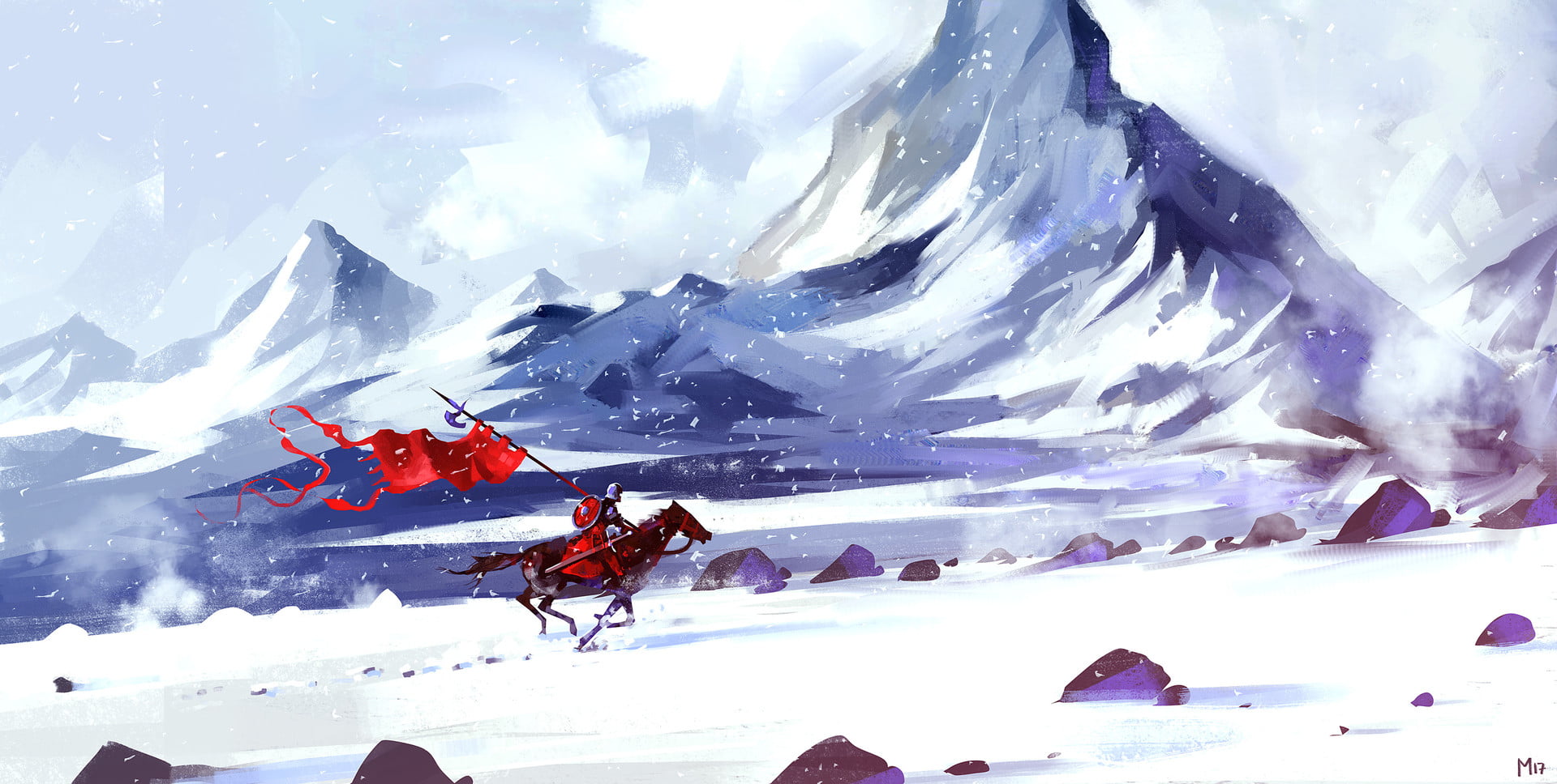 man riding horse holding red flag illustration, digital art, Dominik Mayer