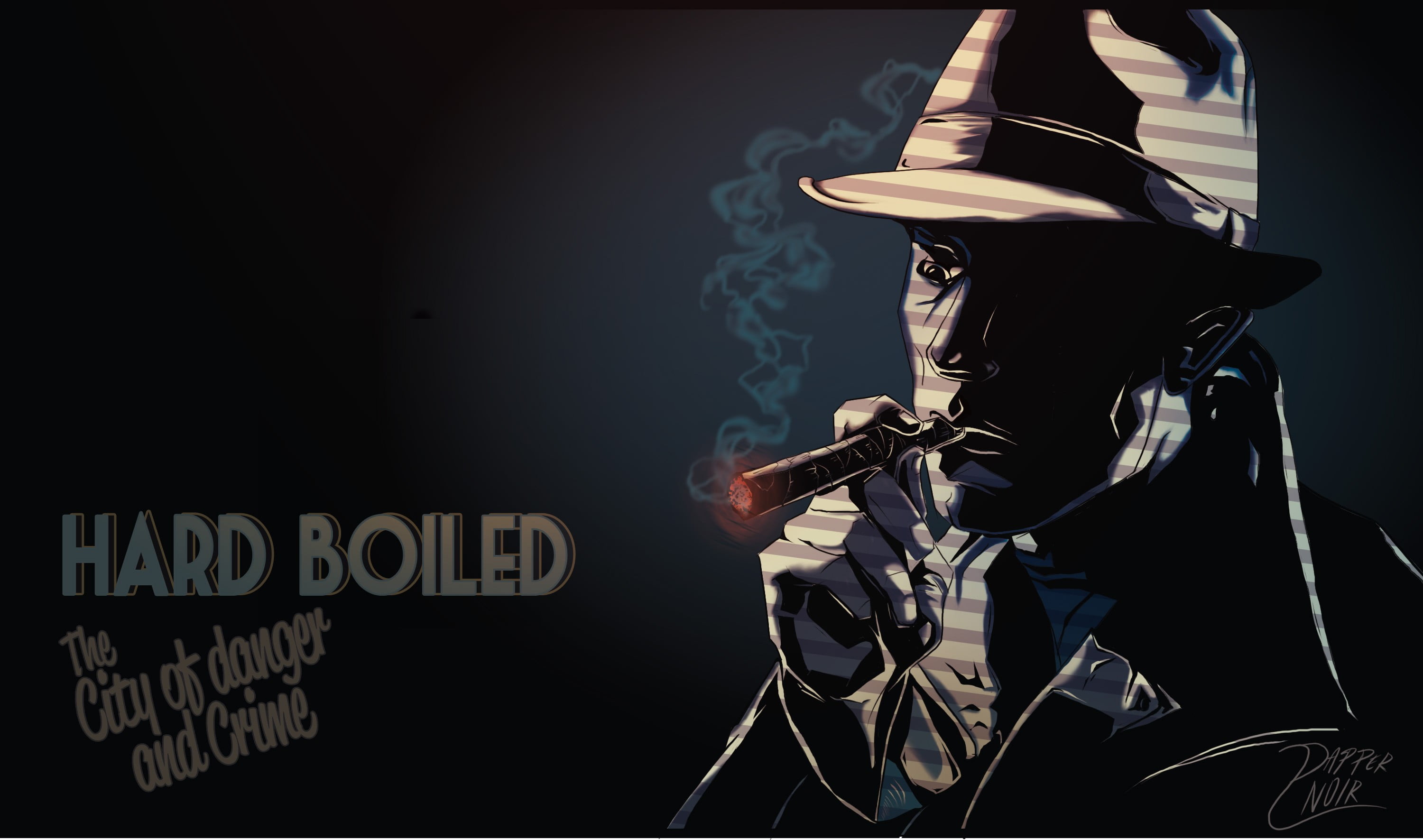 Hard Boiled illustration, noir, smoking, dark, text, black background