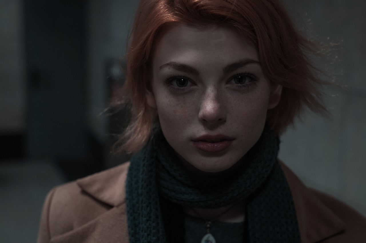 women, Mayya Giter, redhead, freckles, scarf, pale, looking at viewer