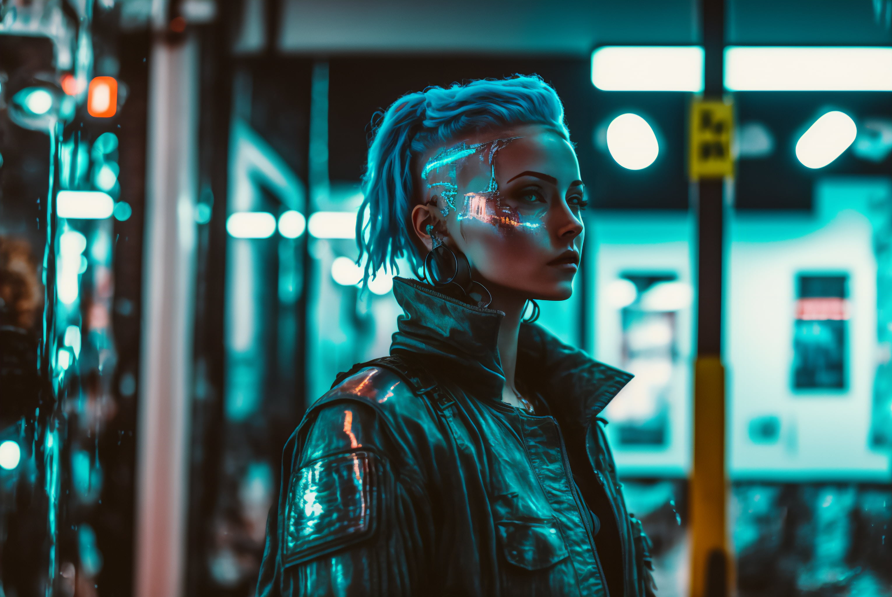 AI art, women, cyberpunk, city, street, leather jacket, night