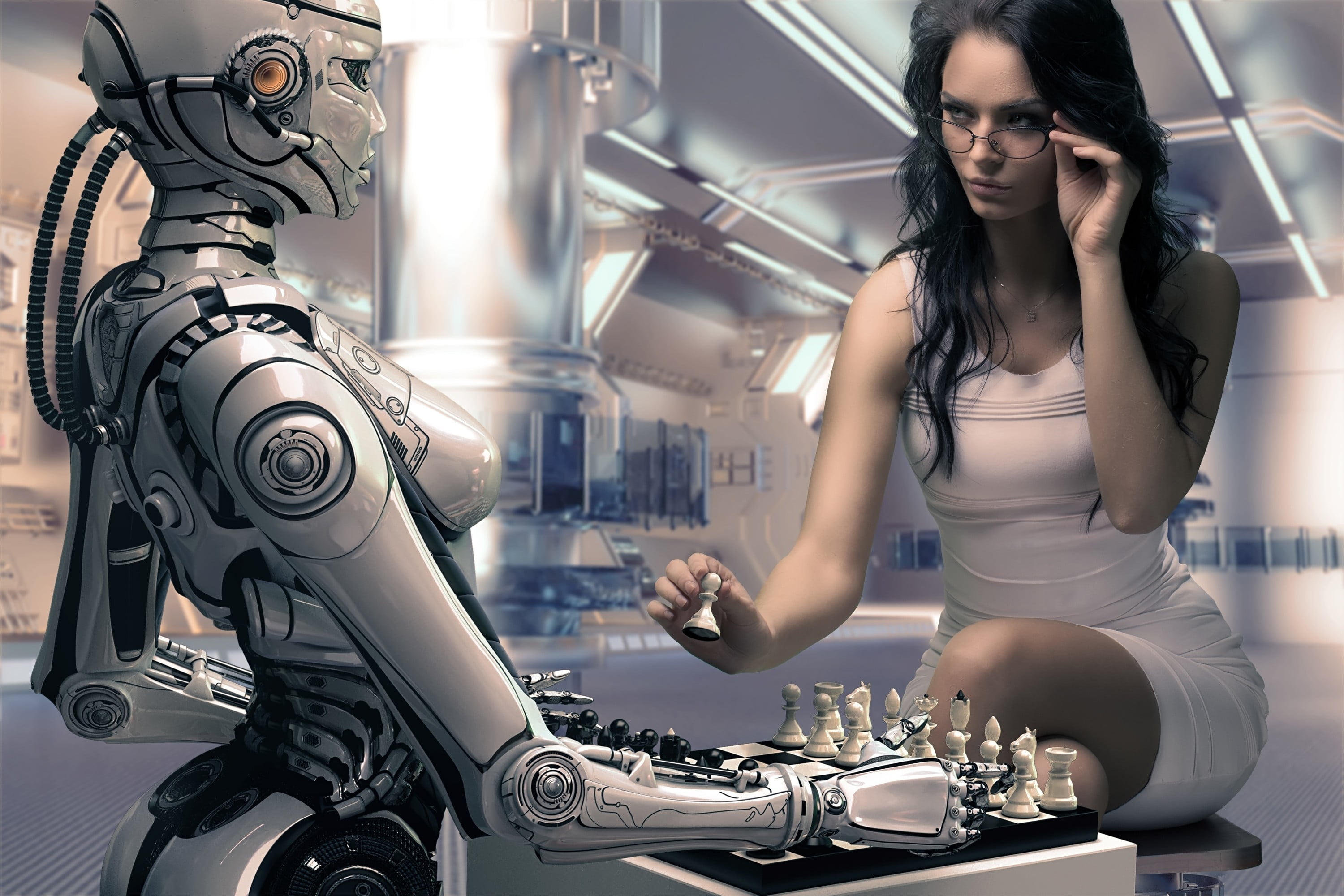 woman wearing white mini dress playing chess against robot, digital art
