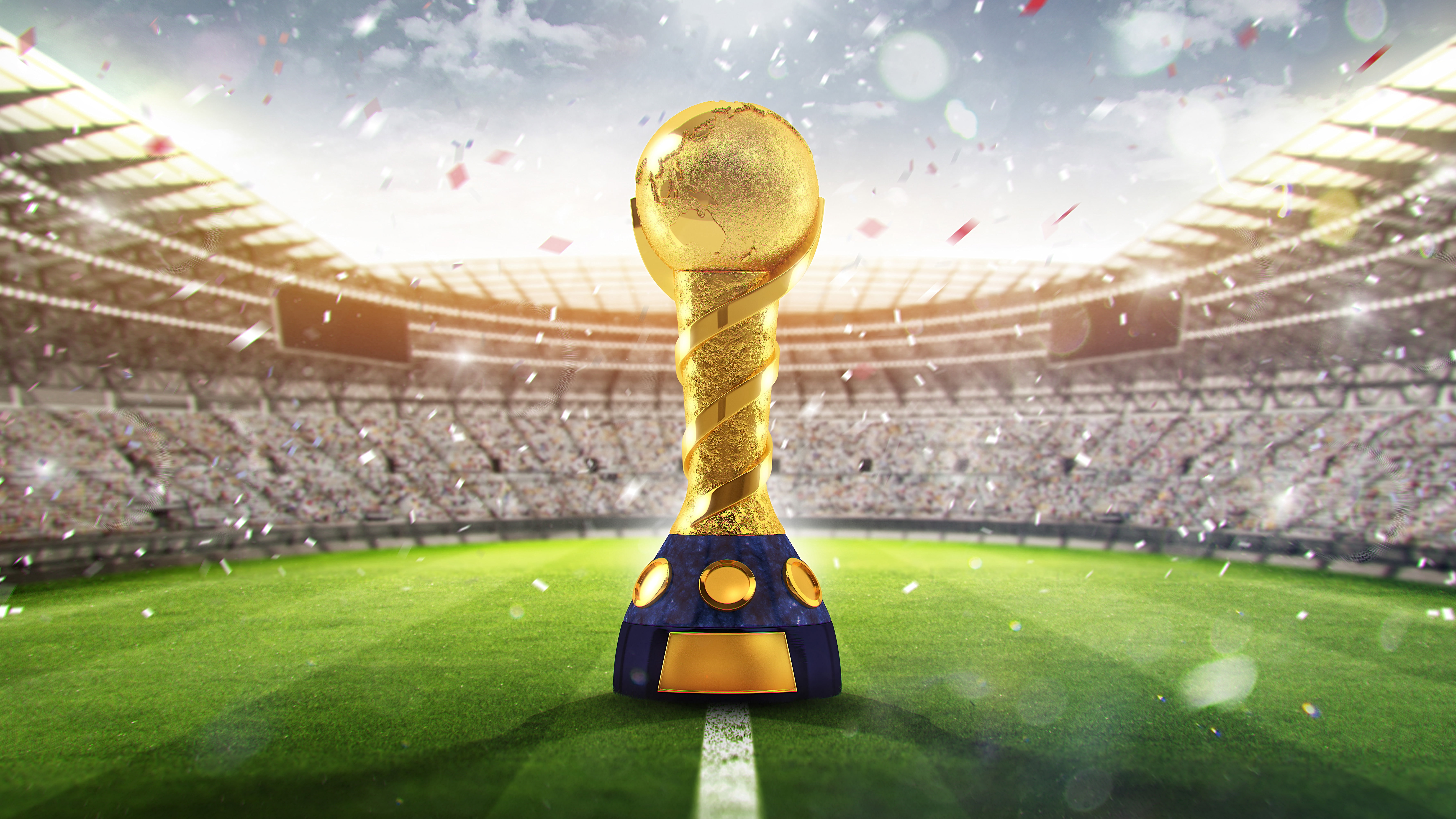 Golden trophy, 2018 FIFA World Cup, Stadium, Russia, 4K, 8K