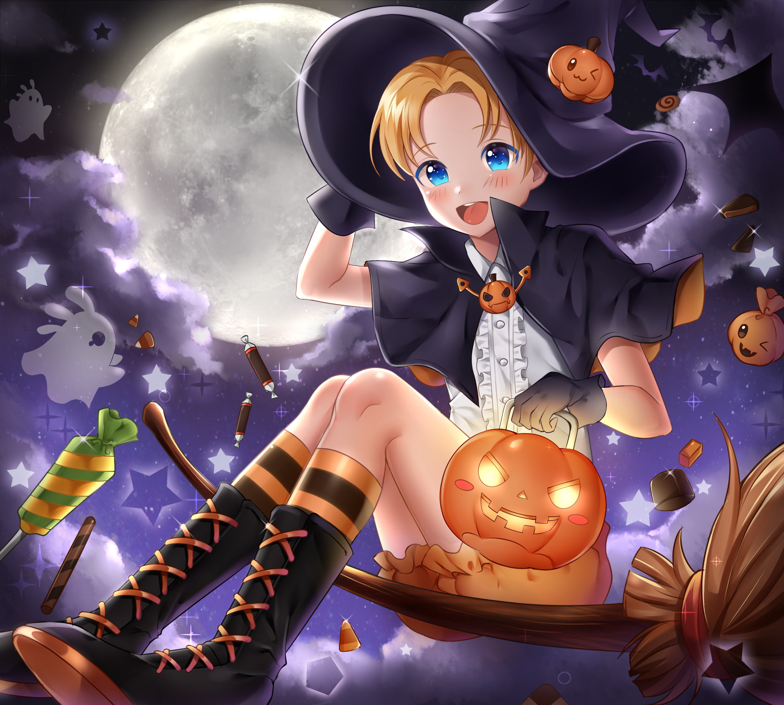 anduin wrynn, halloween, anime style, moon, witch, celebration