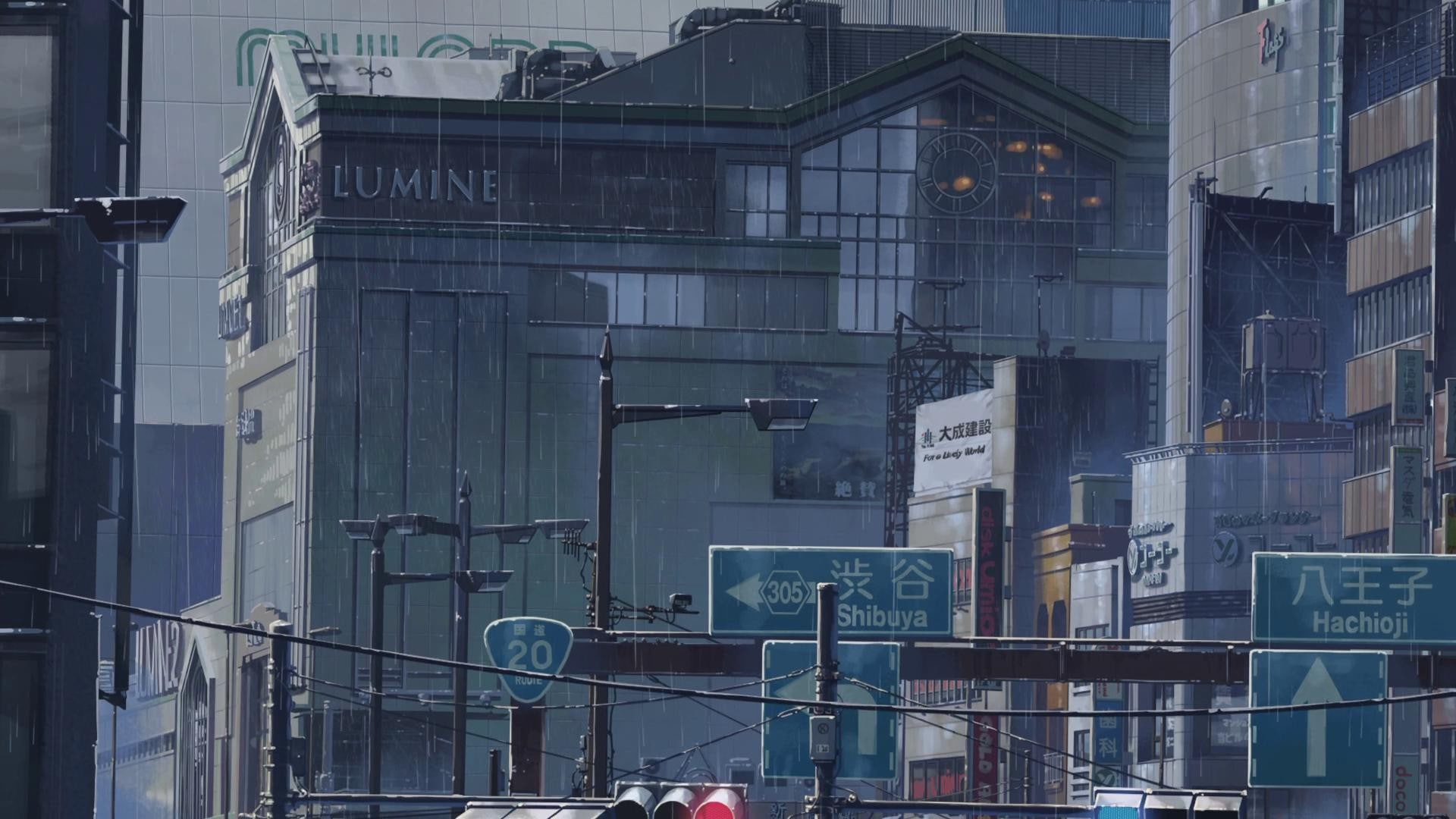 signs, building, anime, rain, city