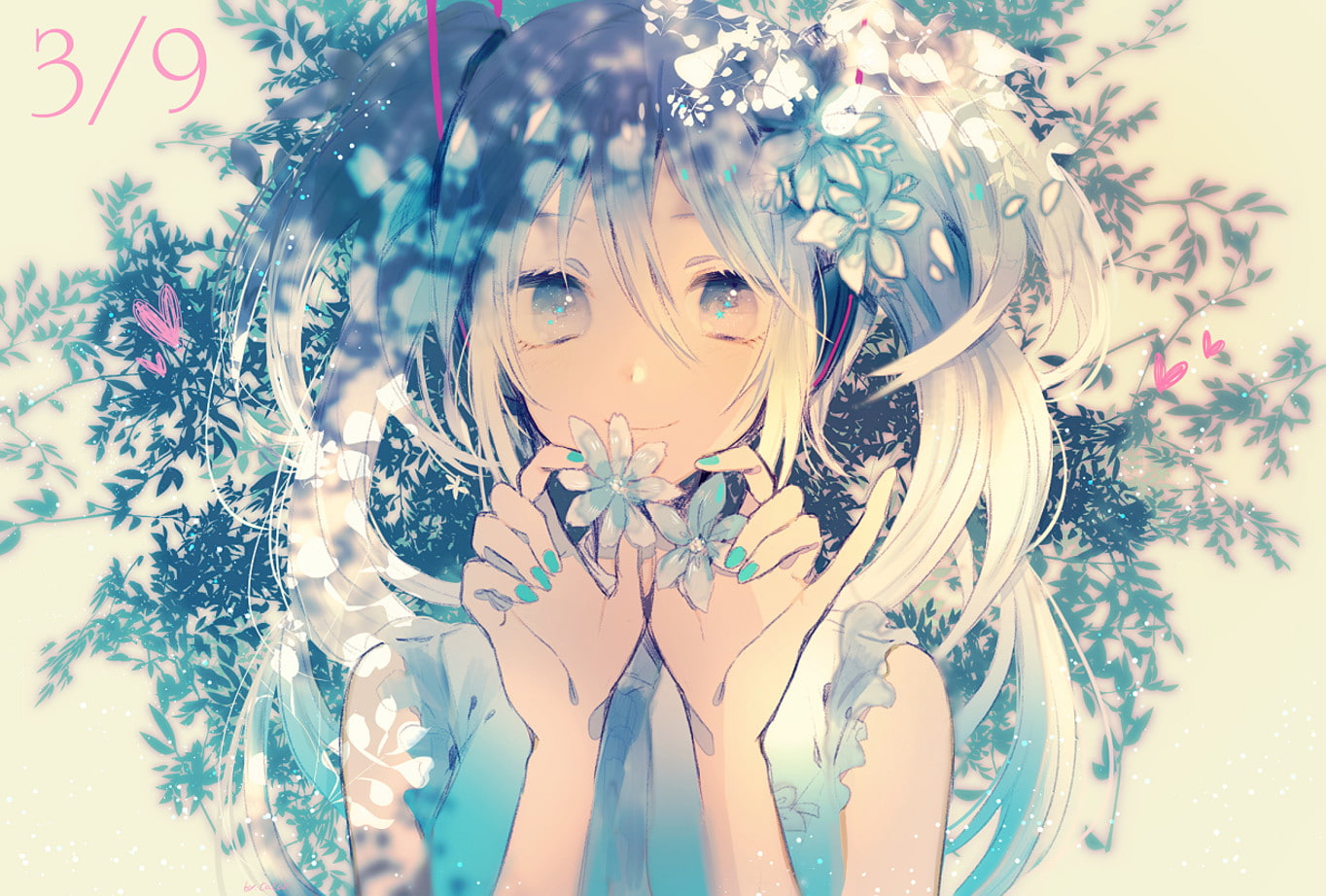 anime, anime girls, numbers, face, flowers, flower in hair