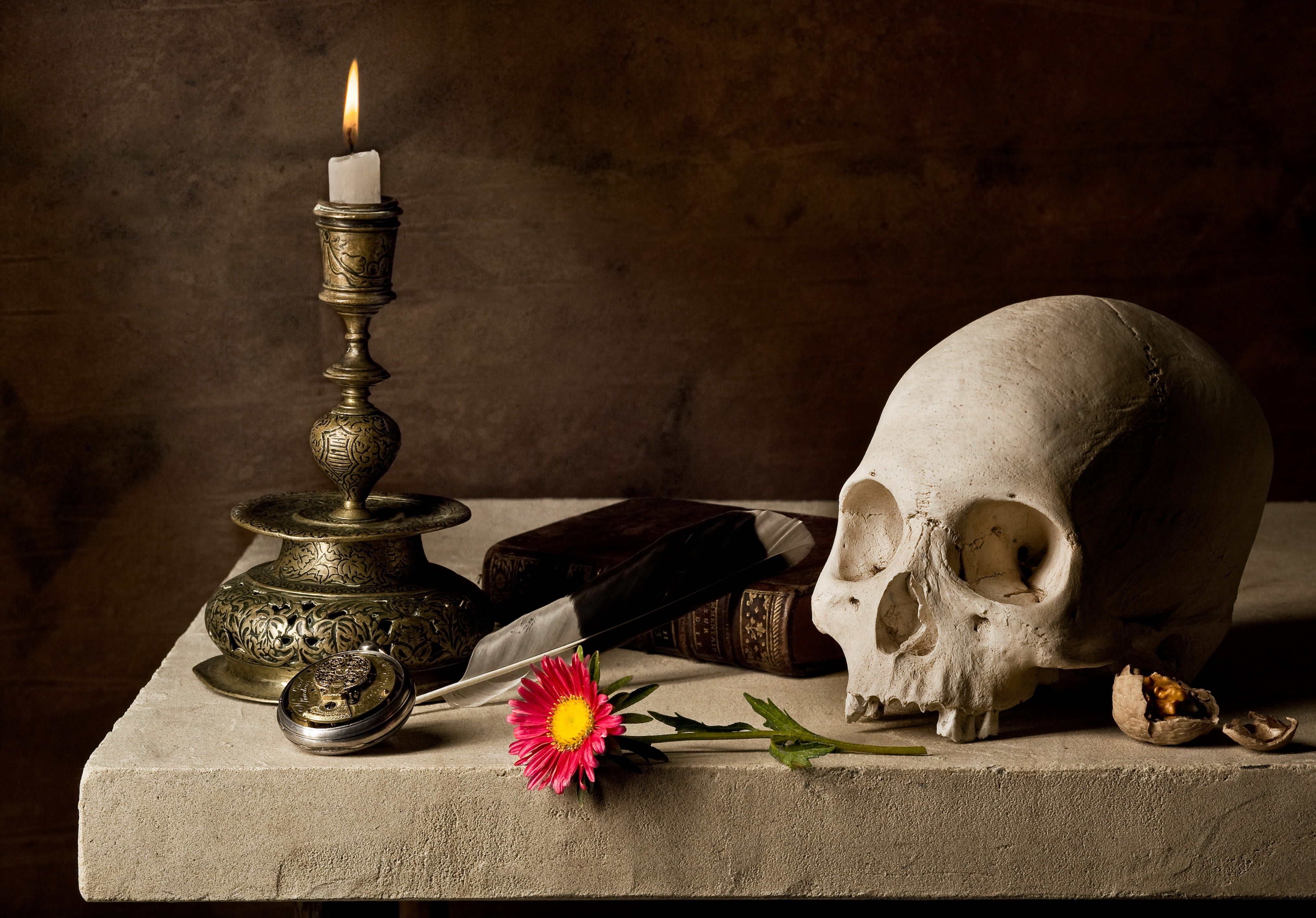 gray skull, Candle, Book, death, halloween, old, decoration, old-fashioned