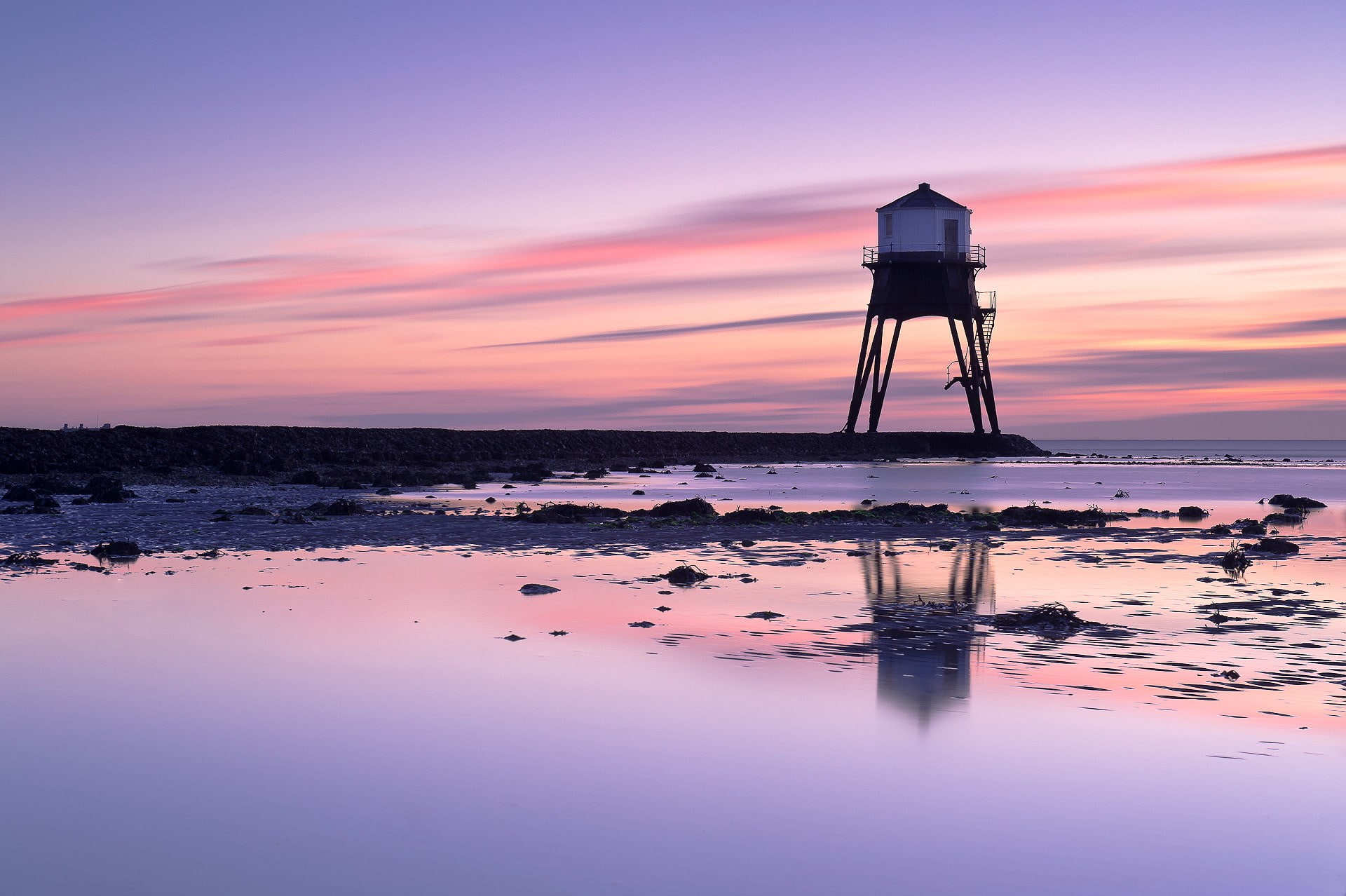lighthouse, water, sky, sunset, reflection, built structure